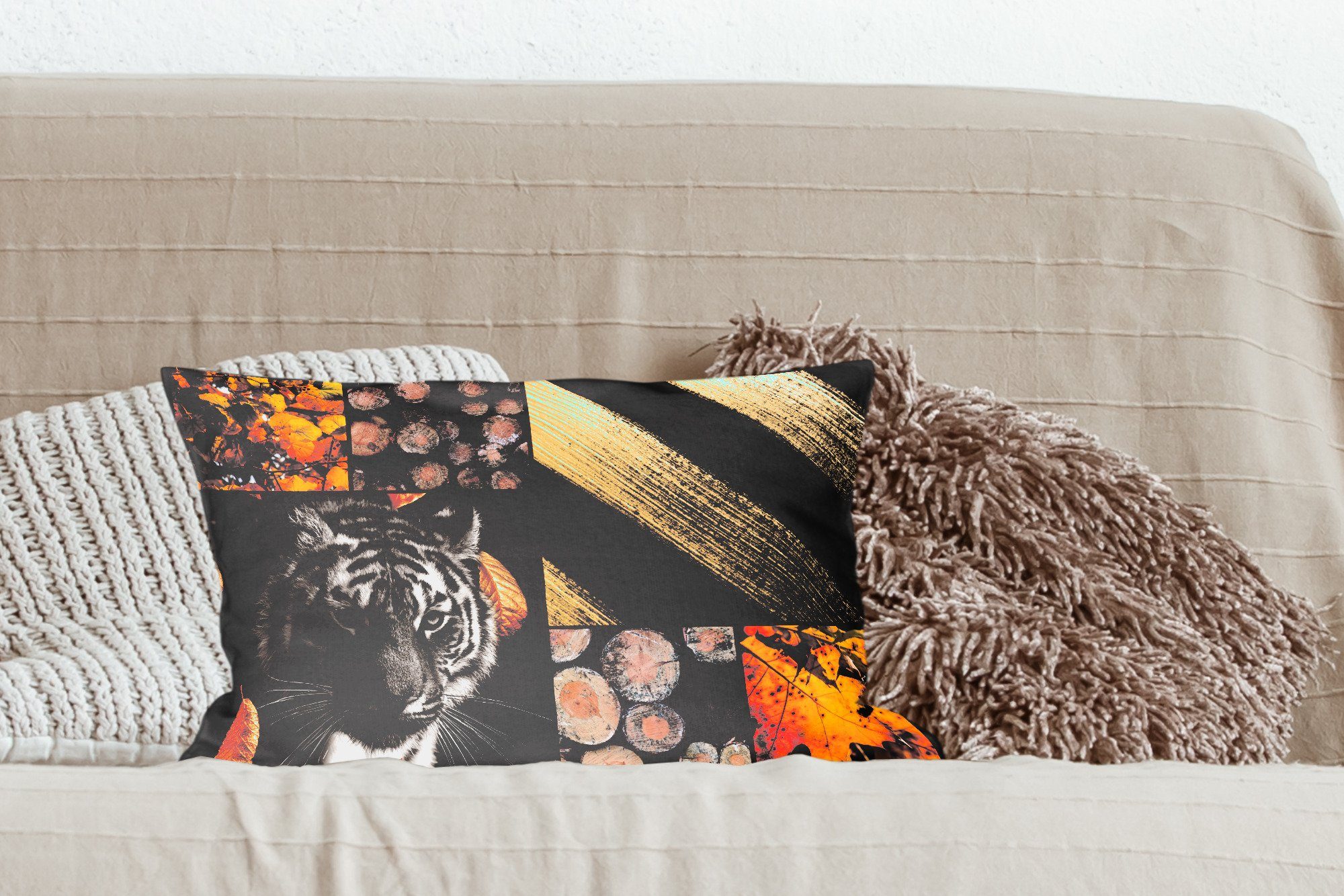 - - Füllung, Tiger Gold Dekokissen Wohzimmer - Zierkissen, Holz MuchoWow mit Dekoration, Schlafzimmer Dekokissen Collage,