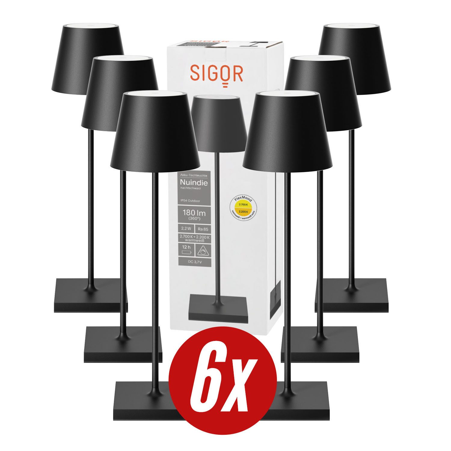 SIGOR LED Tischleuchte 6x Nuindie USB-C 380mm nachtschwarz, Dimmbar, 1 LED Platine, 2.700 K / 2.200 K