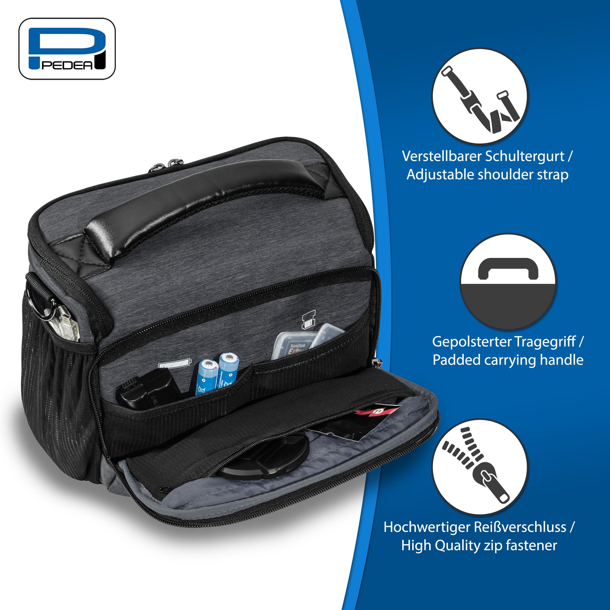 PEDEA Kameratasche NOBLE Fototasche für Spiegelreflexkamera DSLR SLR, Regenschutzhülle, Zubehörfächer, Schultergurt