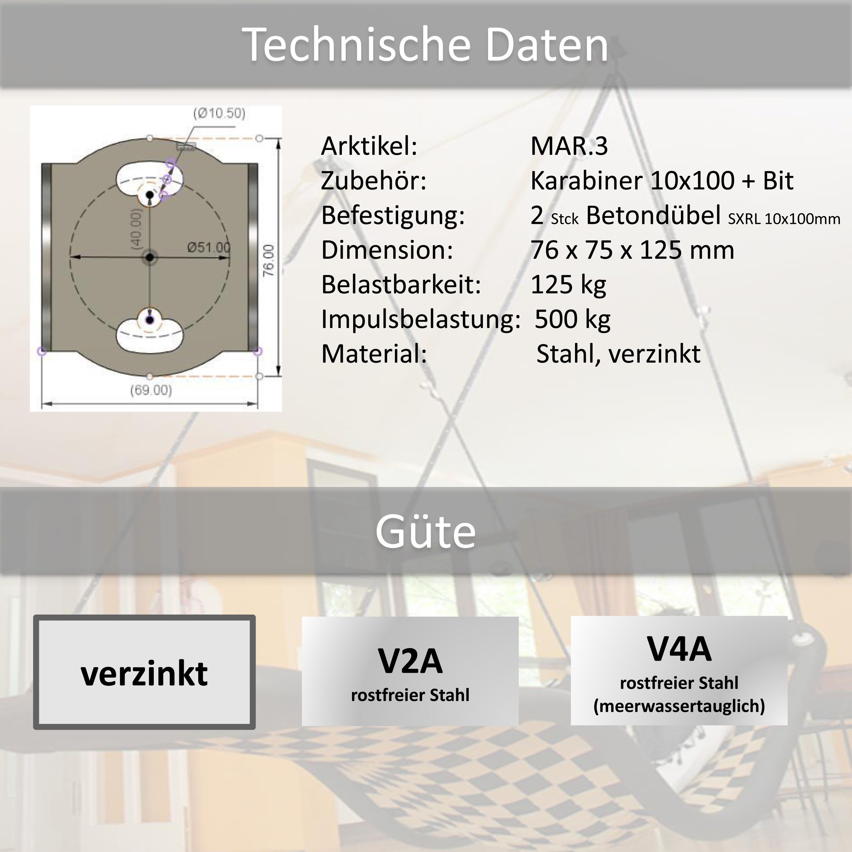Marathon Schaukelhaken Rollengelenk - Schaukelhaken mit Karabiner (alle Betonarten)