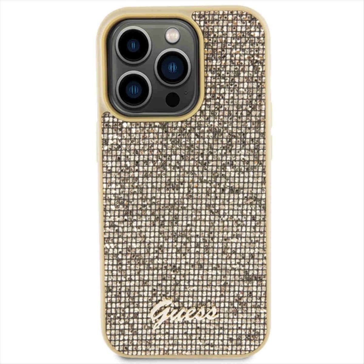 Guess Smartphone-Hülle Guess Apple iPhone 15 Pro Schutzhülle Cover Disco Metal Script Gold
