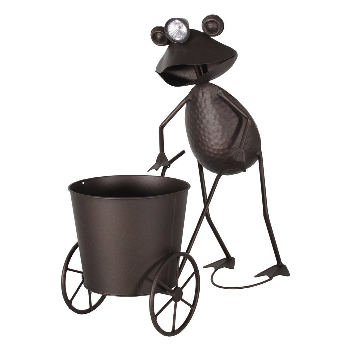Gartenfigur LED Solarleuchte Frosch Figur aus Metall mit Schubkarre zum bepflanzen