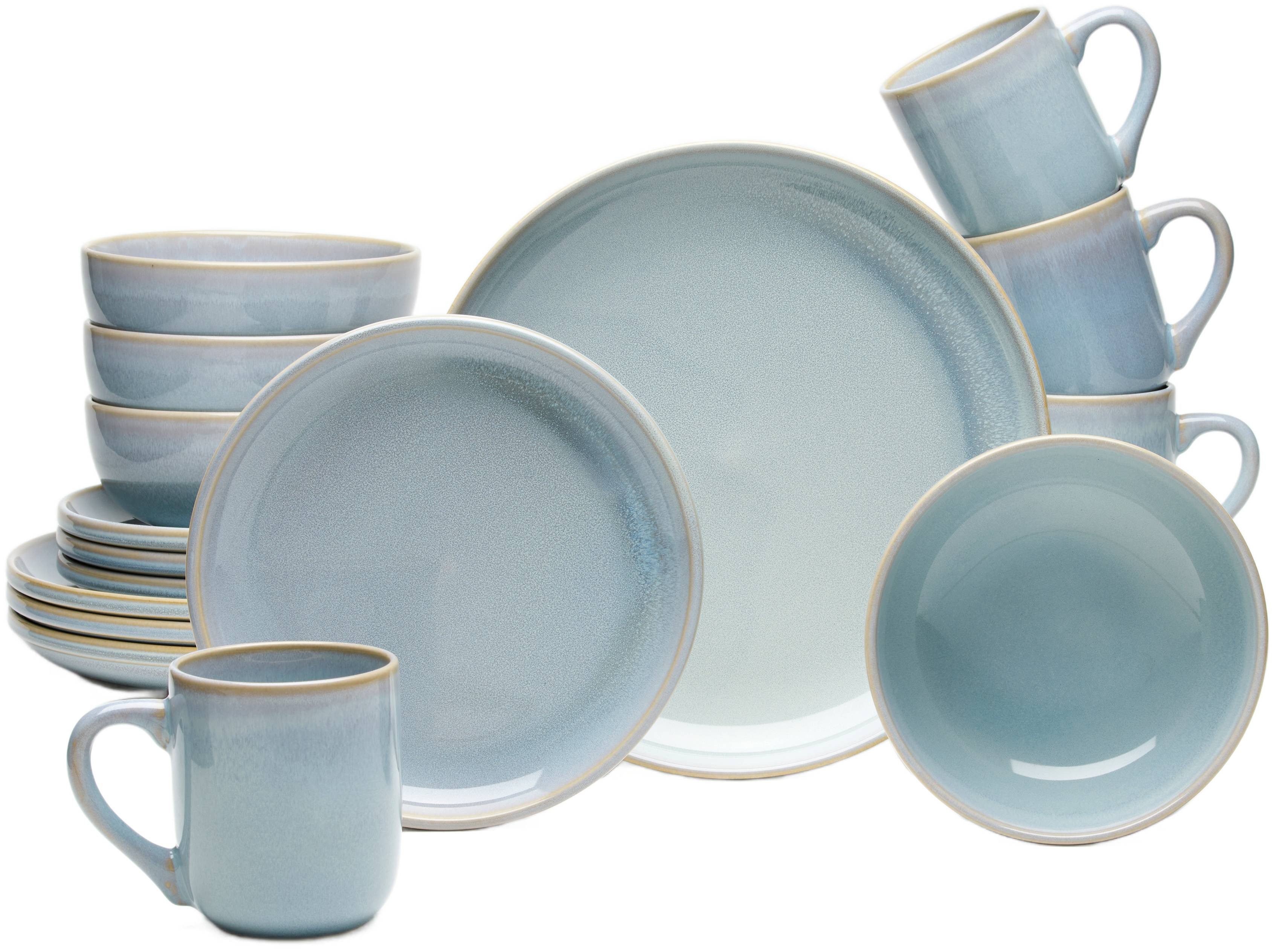 van Well Kombiservice Geschirr-Set, Service Vigo Azur (16-tlg), 4 Personen, Steinzeug, runde Form, blau, spülmaschinen- und mikrowellengeeignet. Reduzierter Preis € 71,99. Unverbindliche Preisempfehlung € 99,99