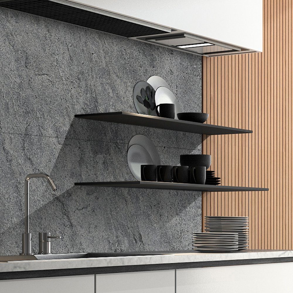 DRUCK-EXPERT Küchenrückwand Naturstein aus 100 % Echtstein - jede Platte ein Unikat Glimmerschiefer Aluminiumgrau