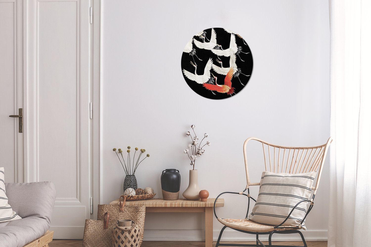 (1 St), Tapetenaufkleber, Wohnzimmer Japanisch Rund, - Wandsticker Tapetenkreis - - für Kinderzimmer, Weiß Kranich Rot MuchoWow