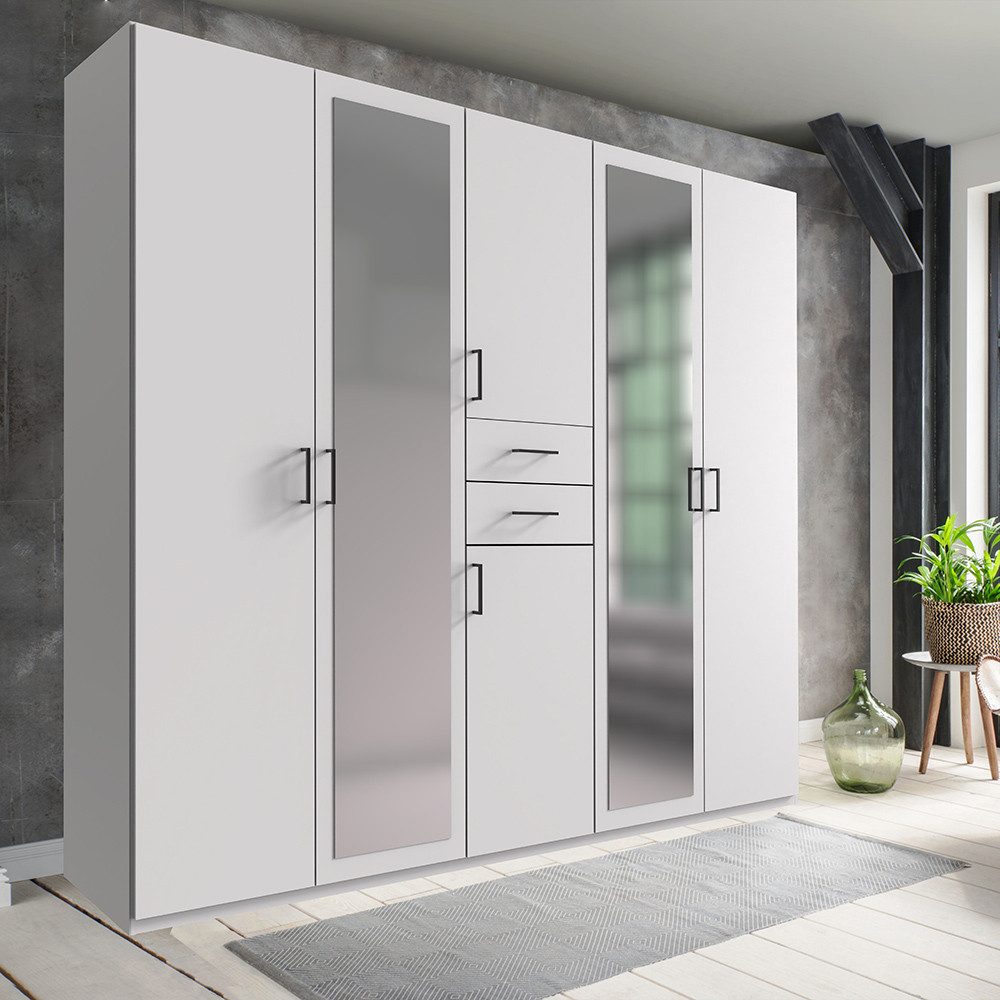 Lomadox Kleiderschrank DUNBAR-43 Drehtürenschrank 225cm, 6 Türen, 2 Schubladen, weiß