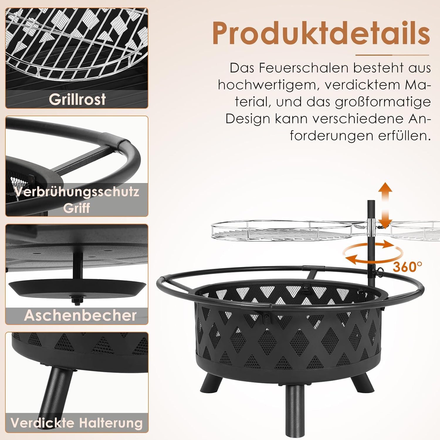 TLGREEN Fire Bowl with Rotating Grill Grate, Ø 76 cm Fire Basket with Poker, Multifunctional BBQ Fire Pit