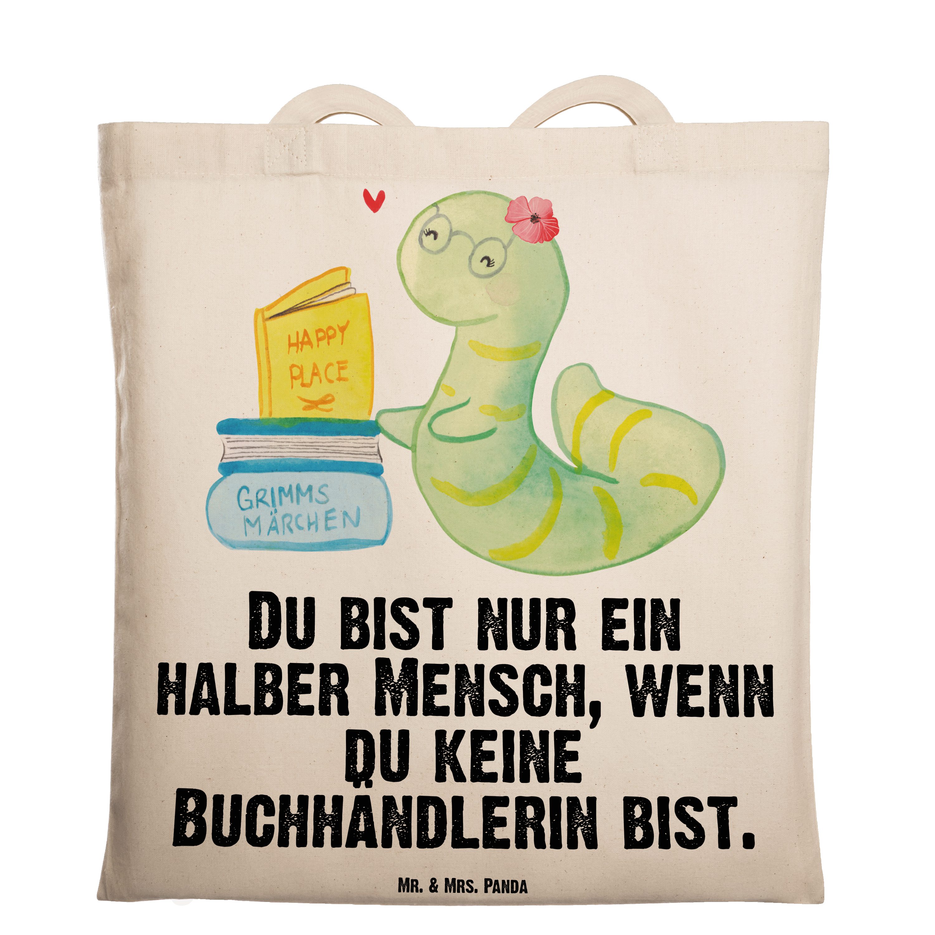 Mr. & Mrs. Panda Tragetasche Buchhändlerin mit Herz - Transparent - Geschenk, Kollegin, Bibliothek (1-tlg)