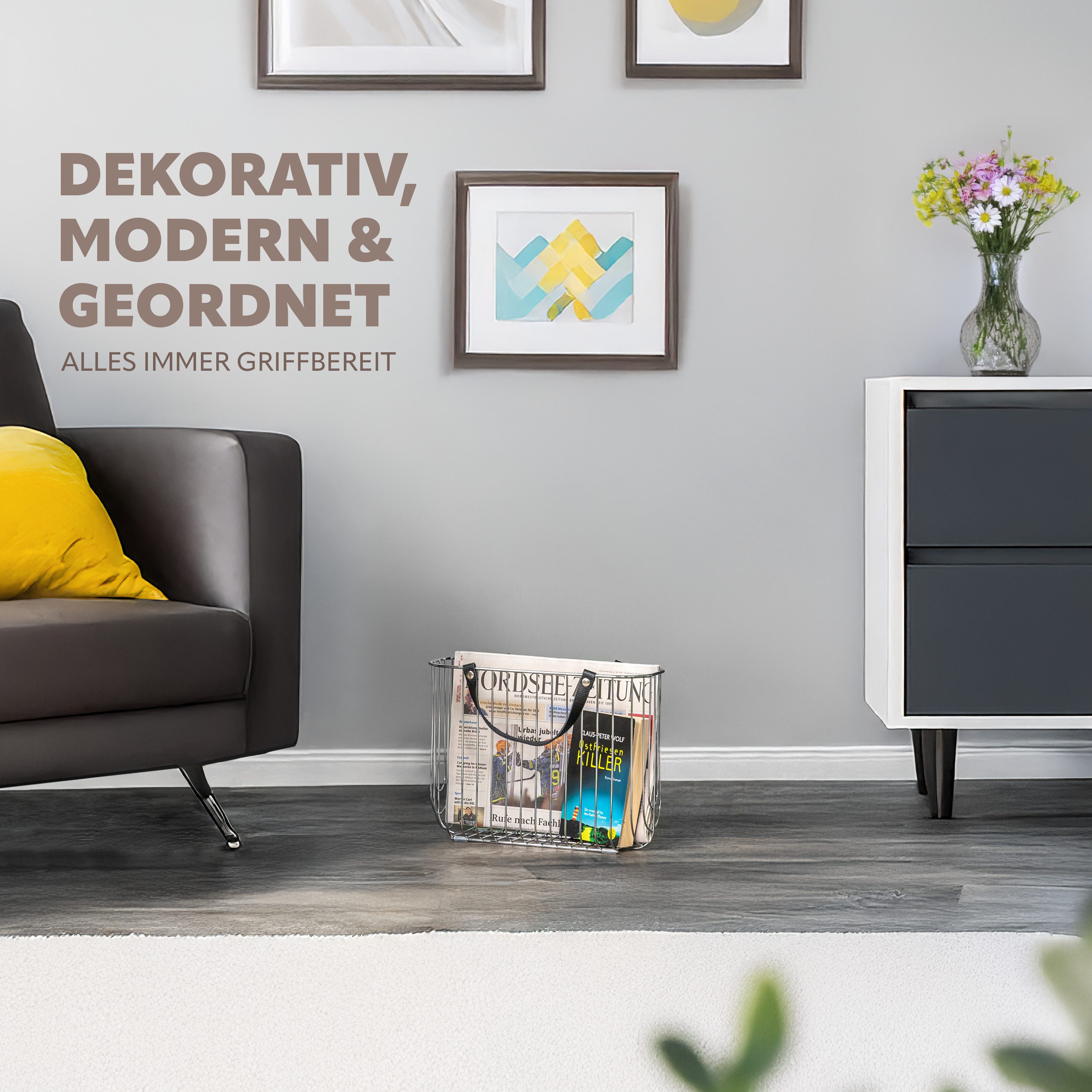 eluno Zeitungsständer aus Metall mit Tragegriffen aus Leder, verchromt günstig online kaufen