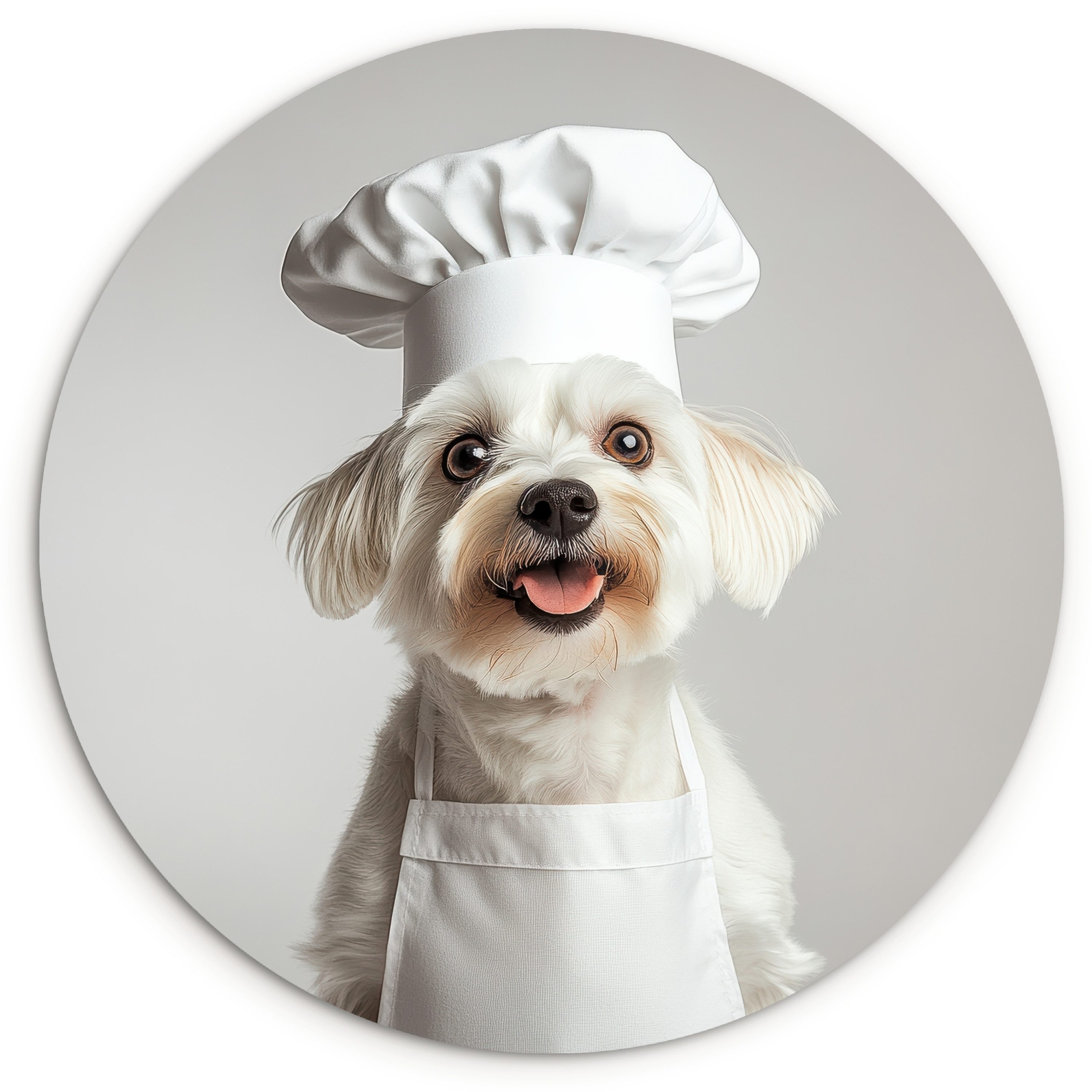 MuchoWow Gemälde Hund - Weiß - Koch, Fotodruck (1 St), Kreis Wanddekoration, Rundes Wandbild, 30x30 cm