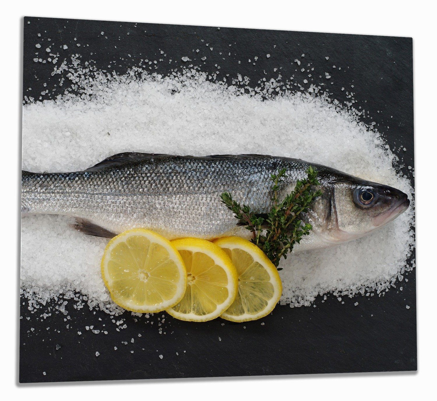 Wallario Herd-Abdeckplatte Fischmenü - Frischer Fisch auf Salz mit Zitronen, ESG-Sicherheitsglas, (Glasplatte, 1 tlg., inkl. 5mm Noppen), verschiedene Größen