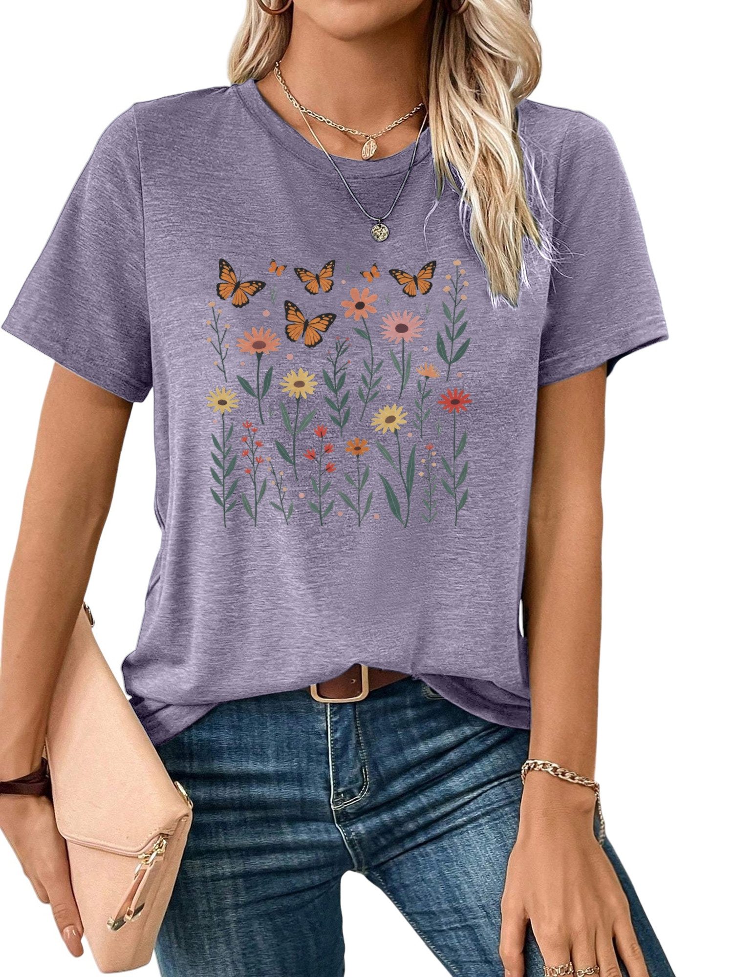 PYLIKE Kurzarmbluse Damen Sommer Casual bequemes T-Shirt mit Schmetterling Print Shirts