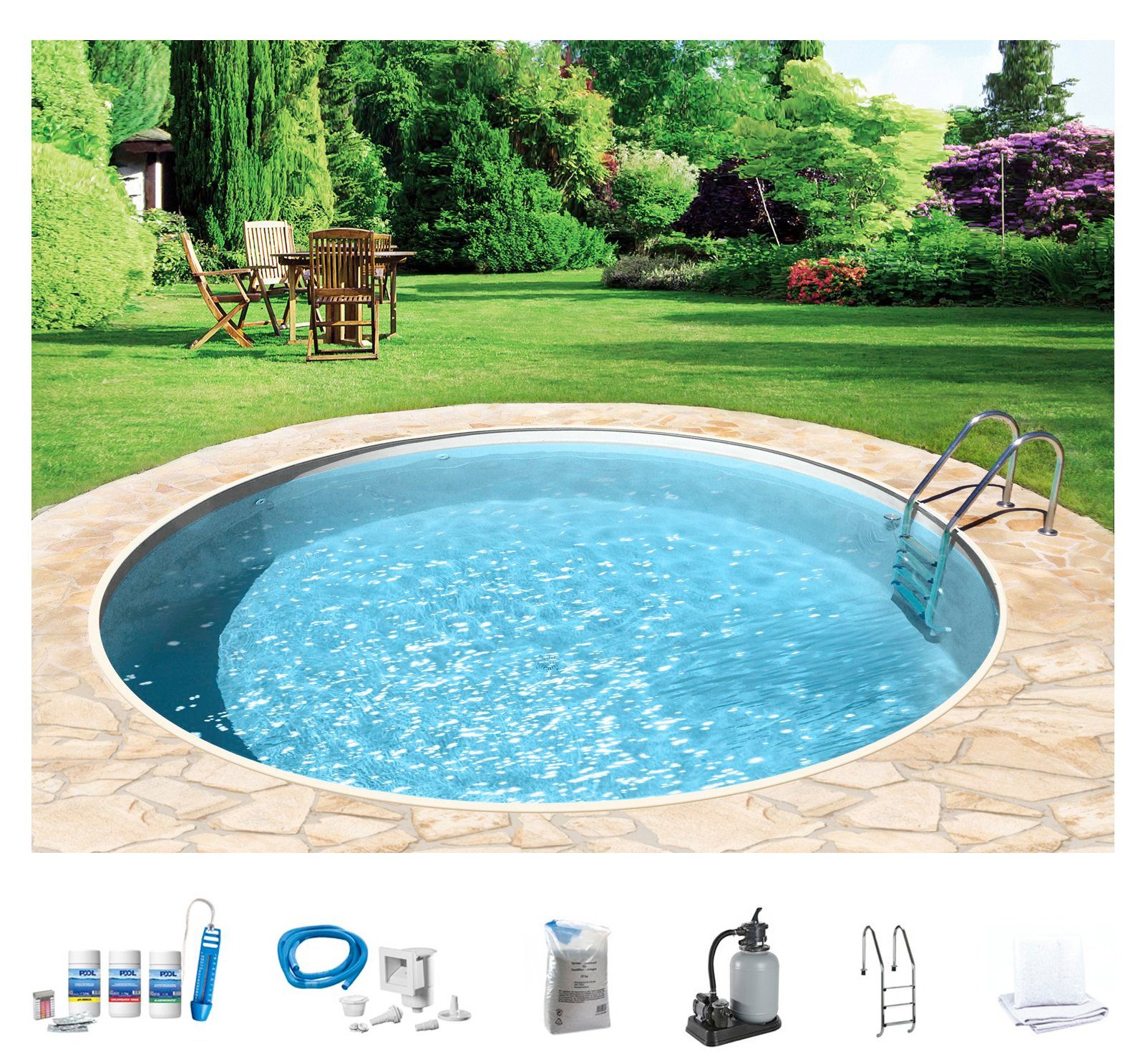 my POOL BWT Rundpool mit sandfarbener Folie für den Karibik Look (Set, 7-tlg), Höhe: 120 cm, inkl. umfangreichem Zubehör, verschiedene Größen