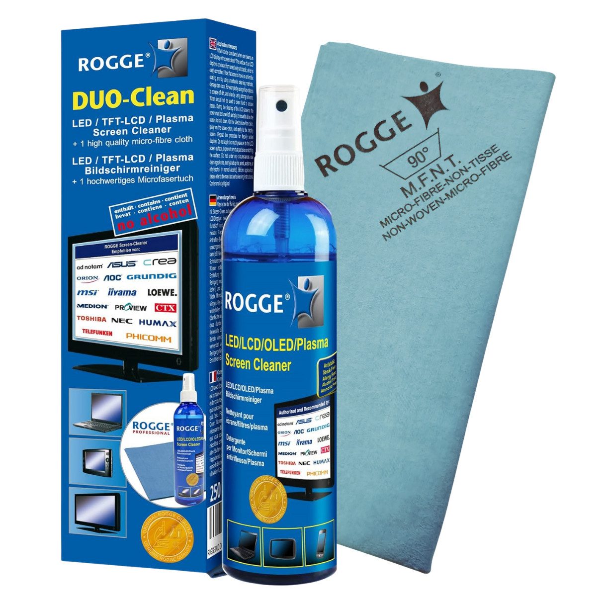Rogge ROGGE DUO-Clean, Bildschirmreiniger 250ml inkl. ROGGE Mikrofaser Reinigungsspray (ROGGE Set, [2-St. 1x 250ml Flasche mit Microfasertuch 250ml)