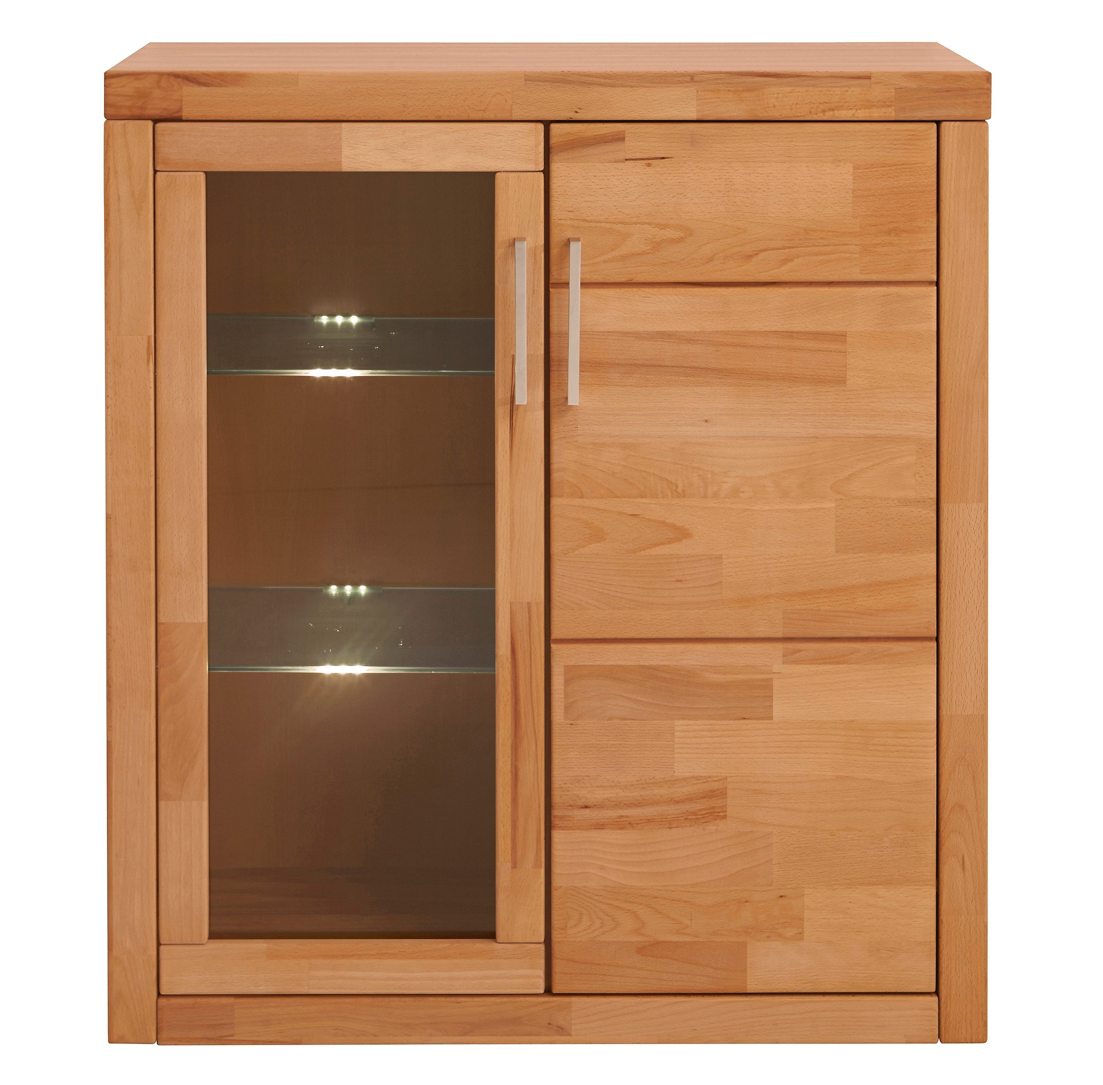 OTTO home Vitrine LOGO75, Einlegeboden verstellbar,1Glastür,1Holztür,Wohnzimmer,Stauraum B/T/H:90/40/100cm,Front massivholz,6 Fächer,Griffe silberfarben, geölt