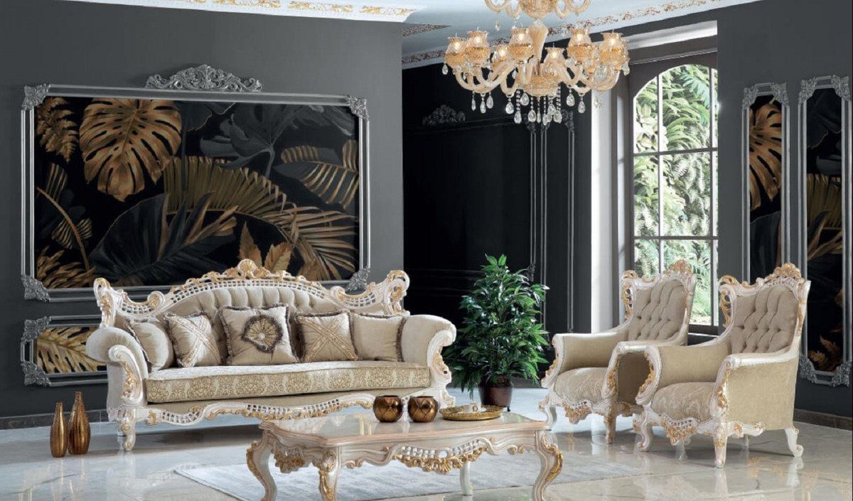 Casa Padrino Sofa Luxus Barock x Edel Greige 230 - H. elegantem / 130 & / Muster Wohnzimmer - Gold Sofa mit cm Wohnzimmer Weiß 95 Handgefertigtes Möbel Prunkvoll - Barock x Sofa