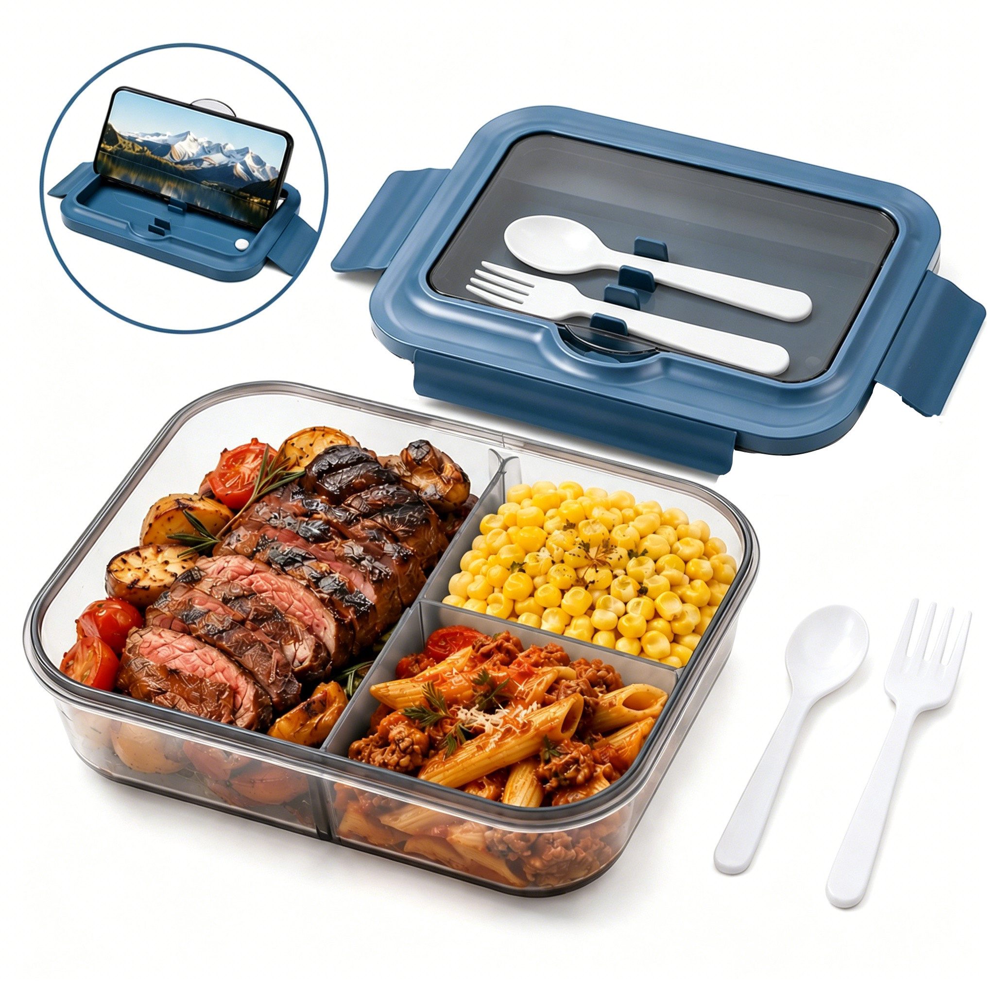 Diwzbyn Lunchbox Lunchbox 1400ml, 3 Fächer, Mit Löffel & Gabel, Auslaufsicher, Mikrowellen- & Spülmaschinengeeignet, Deckel als Handyhalter