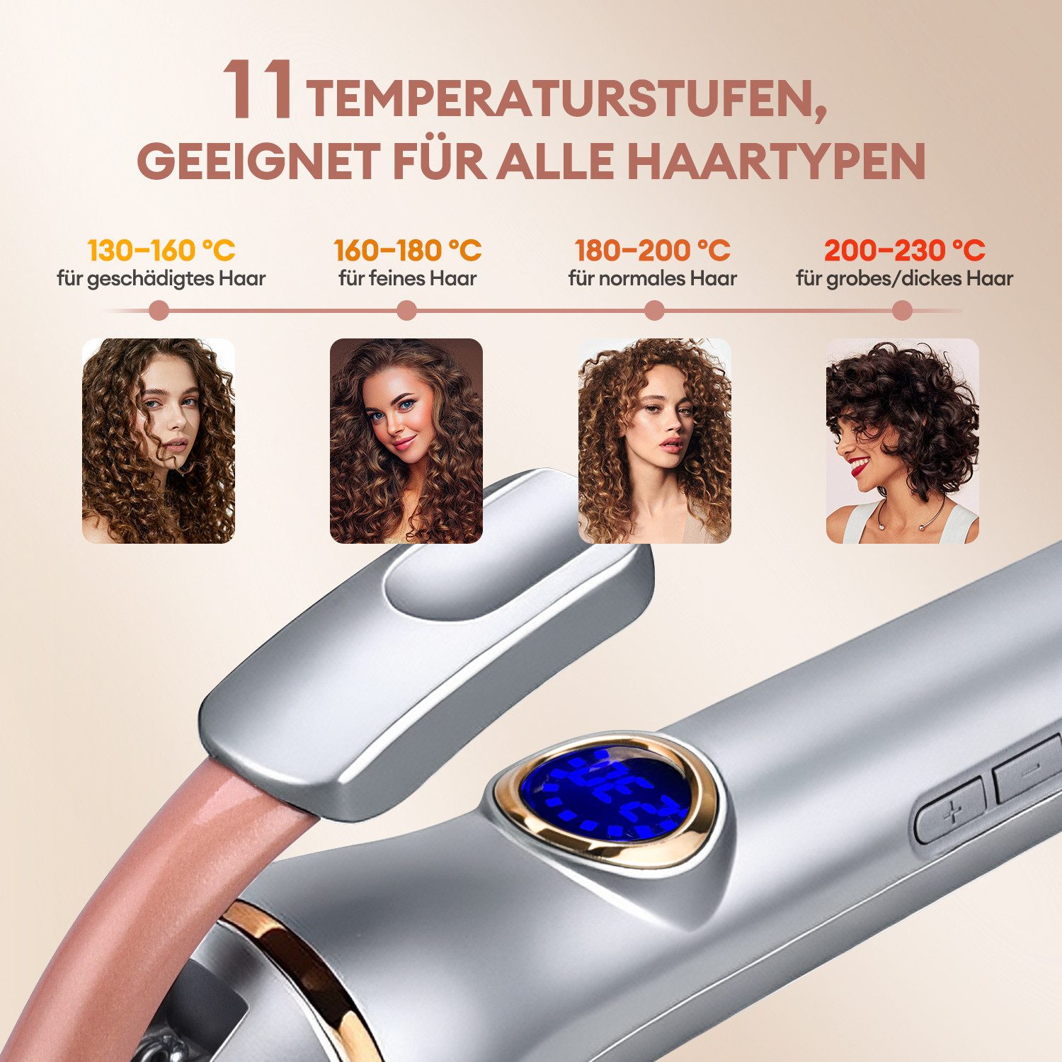 CkeyiN Lockenstab 9mm Lockendreher 130-230℃ mit LED-Anzeige Verbrühungsschutzklemmen, Turmalin-Keramik-Beschichtung, 30S schnelles Erhitzen zur Flauschiges lockiges Haar