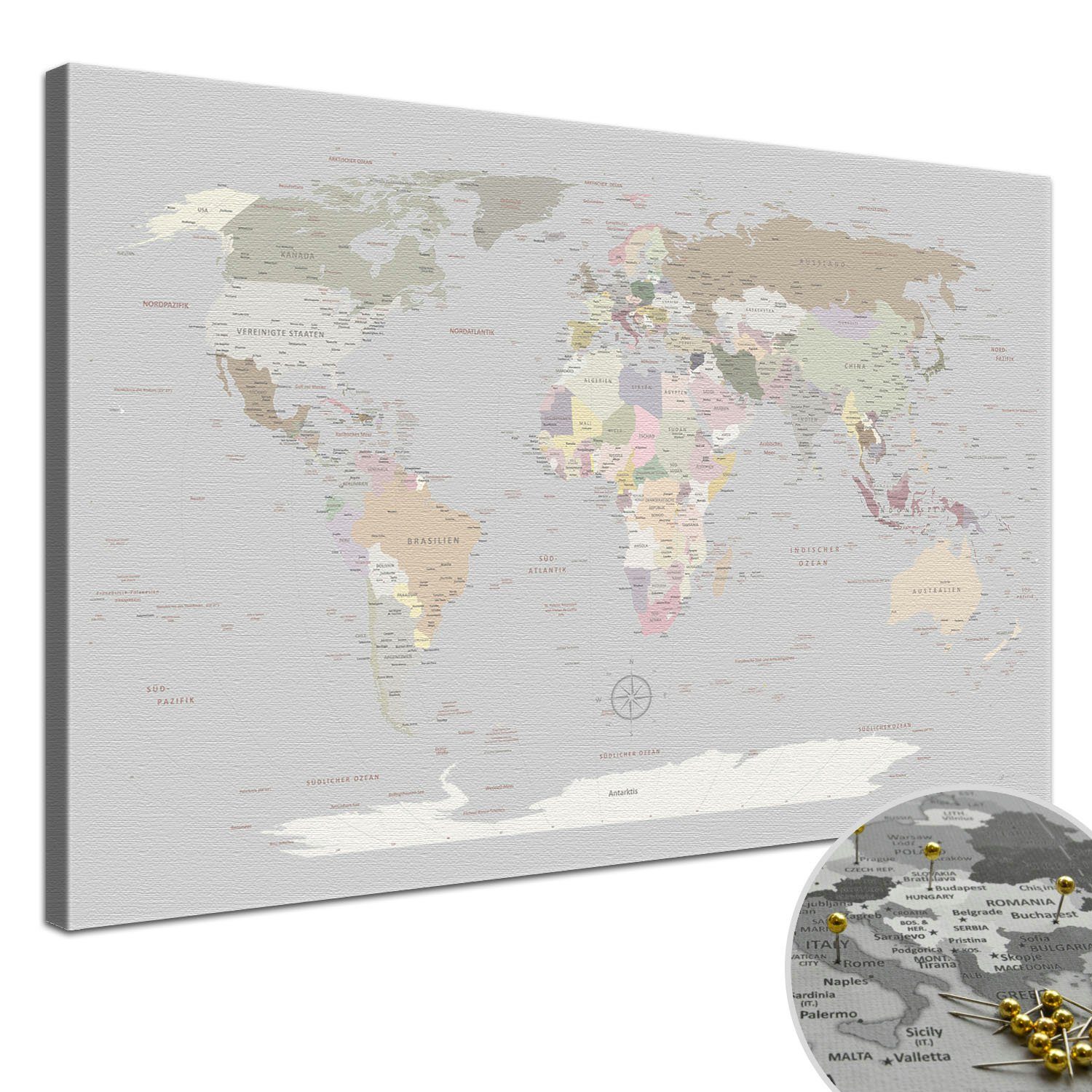 LANA KK Leinwandbild Weltkarte Pinnwand zum markieren von Reisezielen, deutsche Beschriftung Light