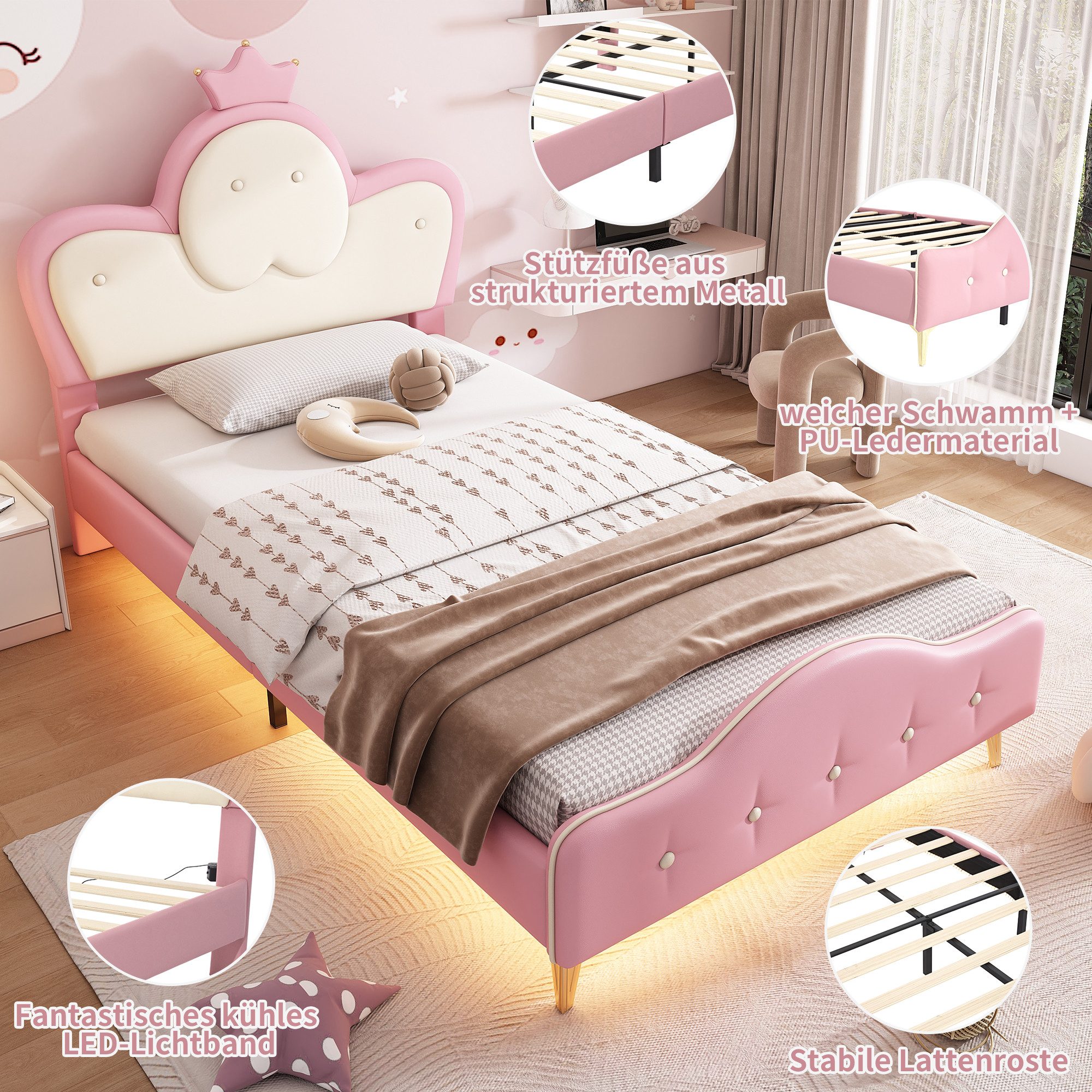 STILVORA Prinzessinbett 90x200 mit Matratze&Krone-Kopfteil,Kinderbett Bettgestell mit LED (Polsterbett,  für Kinder, Einzelbett mit weichem LED-Streifen, 90x200cm), ohne Matratze