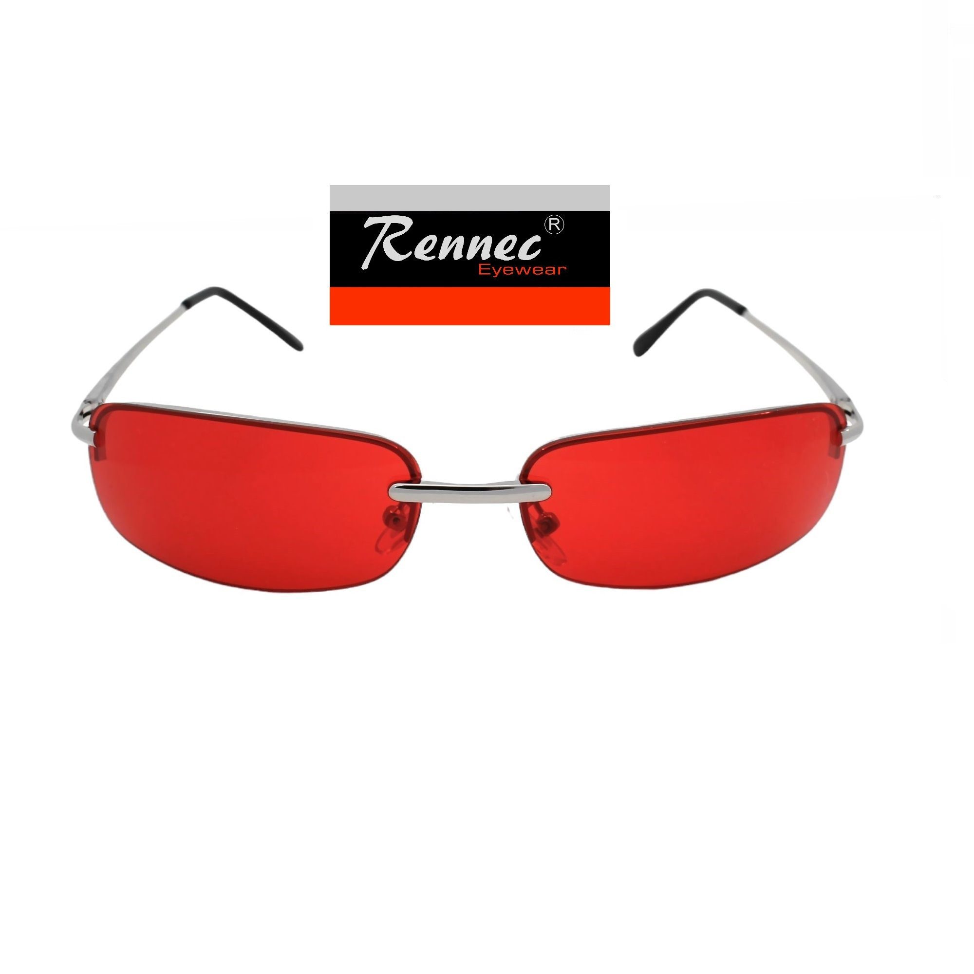 Rennec Sonnenbrille Rechteckig Schmal Gläser Rot Getönt UV400 mit Brillenbeutel Stabiles Edelstahl Gestell, Randlose Gläser, Frameless