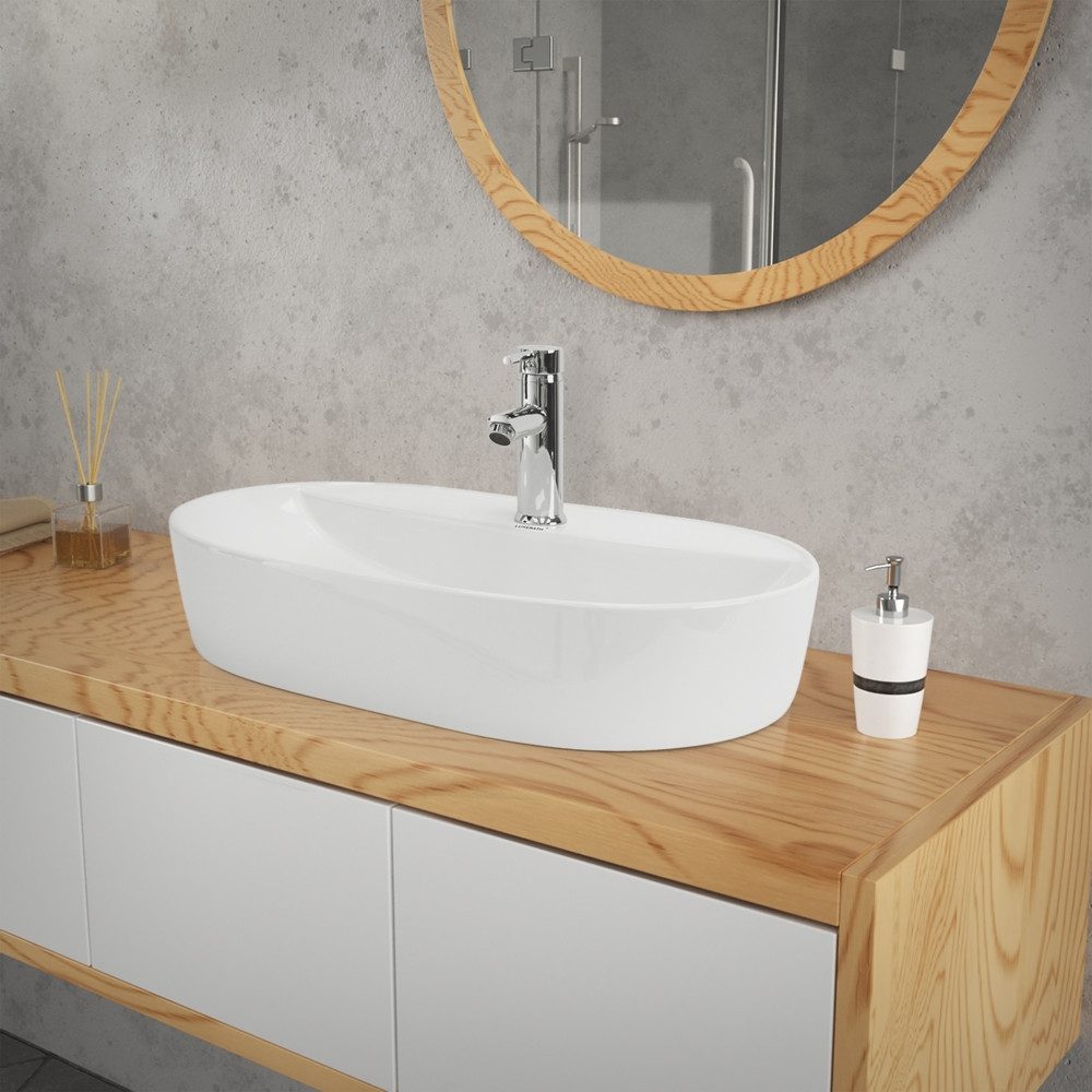 LuxeBath Waschbecken Waschtisch Aufsatzwaschbecken aus Keramik für Badezimmer / Gäste-WC, Handwaschbecken Weiß inkl. Ablaufgarnitur ohne Überlauf
