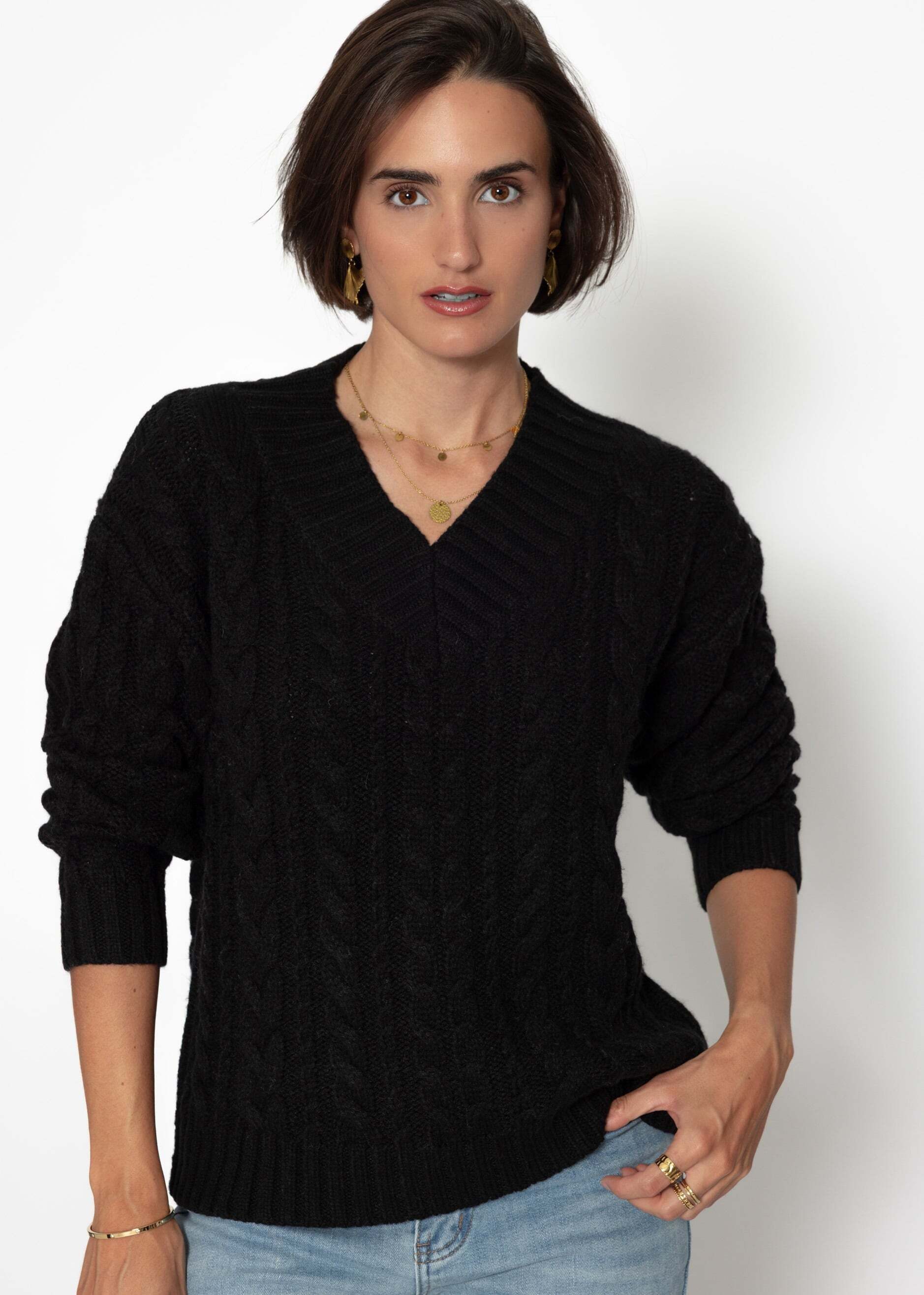 SASSYCLASSY Strickpullover Zopfstrickpullover mit V-Ausschnitt für günstig online kaufen