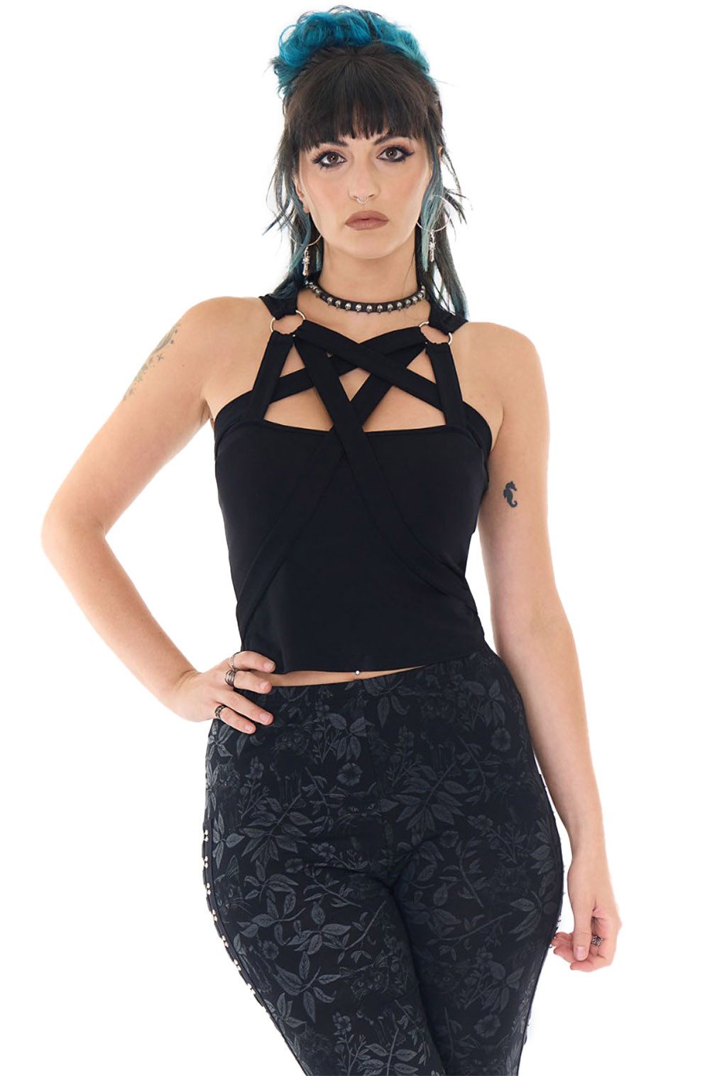 Jawbreaker Crop-Top Gothic Pentagram Strap Goth Grufti Okkult Bauchfrei Oberteil