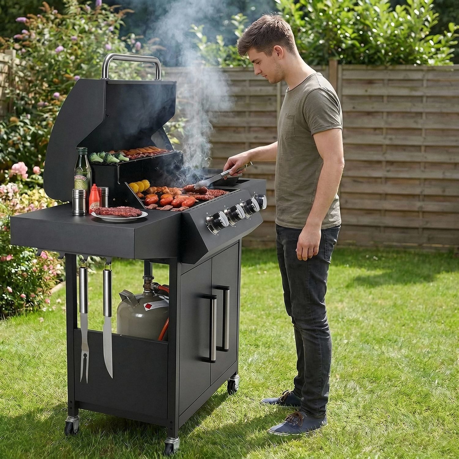 TLGREEN Gasgrill 3+1 Edelstahl Brenner 13,5 kW, Gas Grillwagen BBQ mit Seitenkochfeld, Thermometer & 4 Rollen, Butan/Propan für Garten Camping