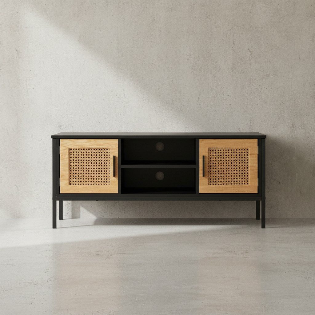 KADIMA DESIGN Lowboard Lowboard Schwarz / Eiche mit Wiener Geflecht 110x48x40 cm TV-Kommode (Türen, Fernsehkommode Wohnzimmer Rattan), Zeitlos, Design TV-Schrank Hoch, Fernsehtisch Fernsehschrank mit