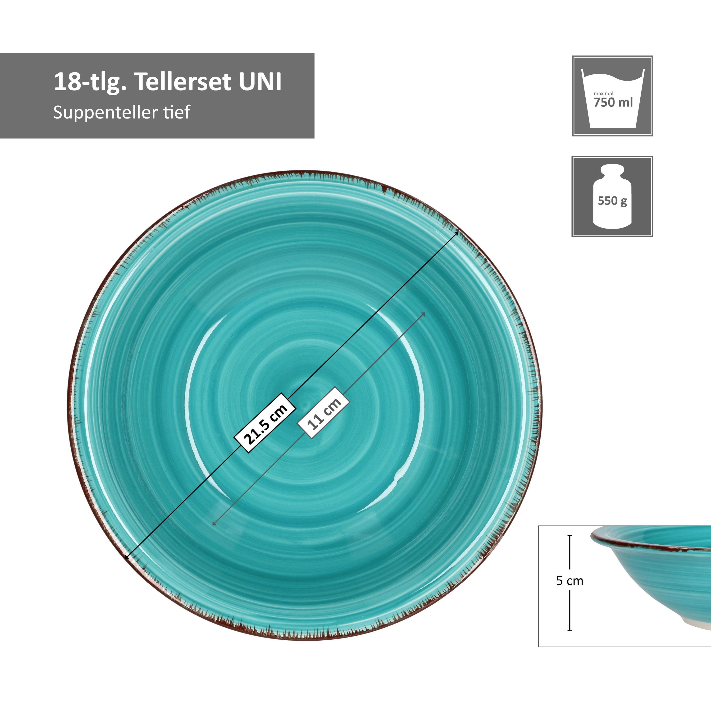 6 18tlg. Personen Bunt in Uni Tellerset Teller-Set unterschiedlichen MamboCat für Farben