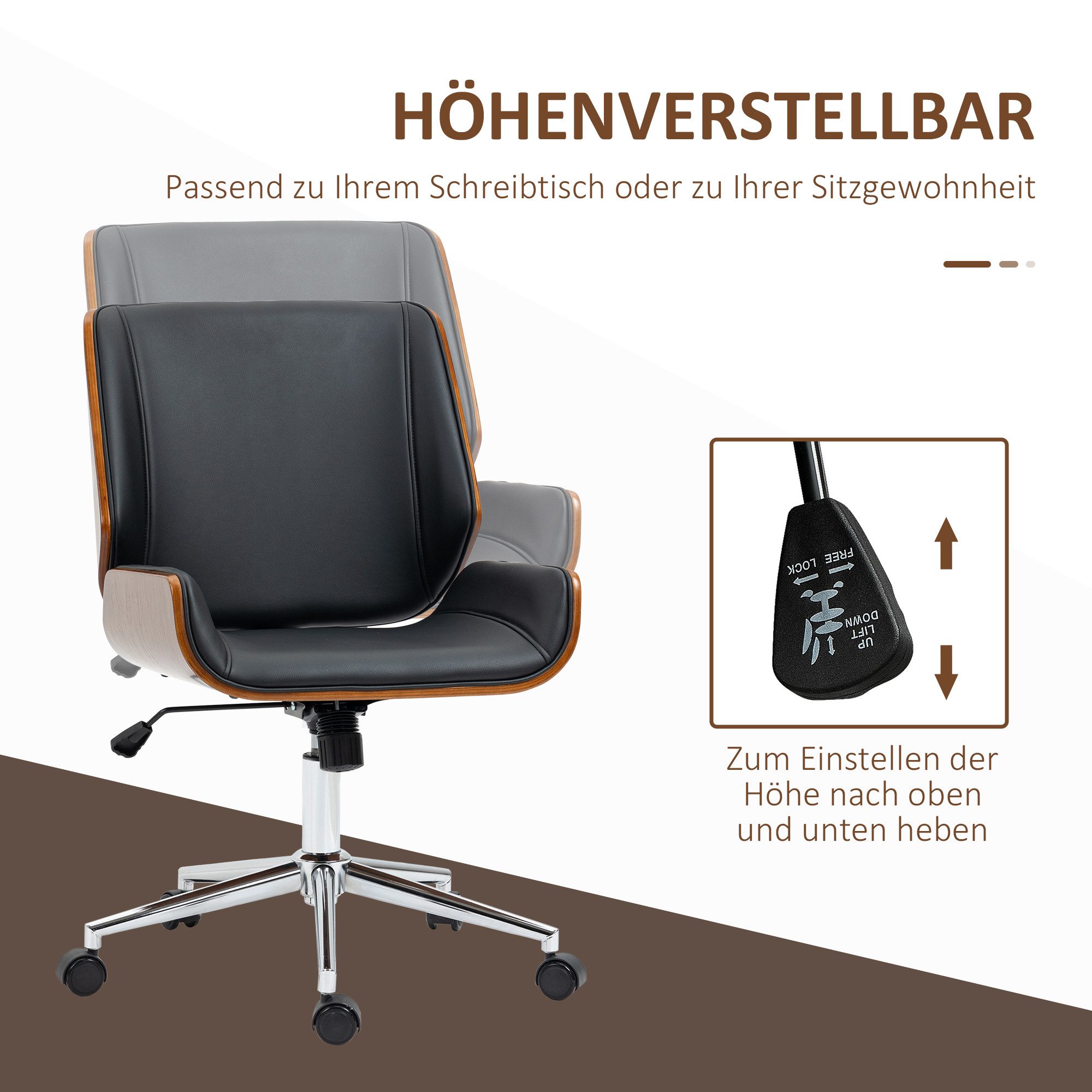 Vinsetto Schreibtischstuhl Höhenverstellbarer Schreibtischstuhl (Drehstuhl, 1 St), Kunstleder, Schwarz 53 x 60 x 86-96 cm – Bild 4 von 5