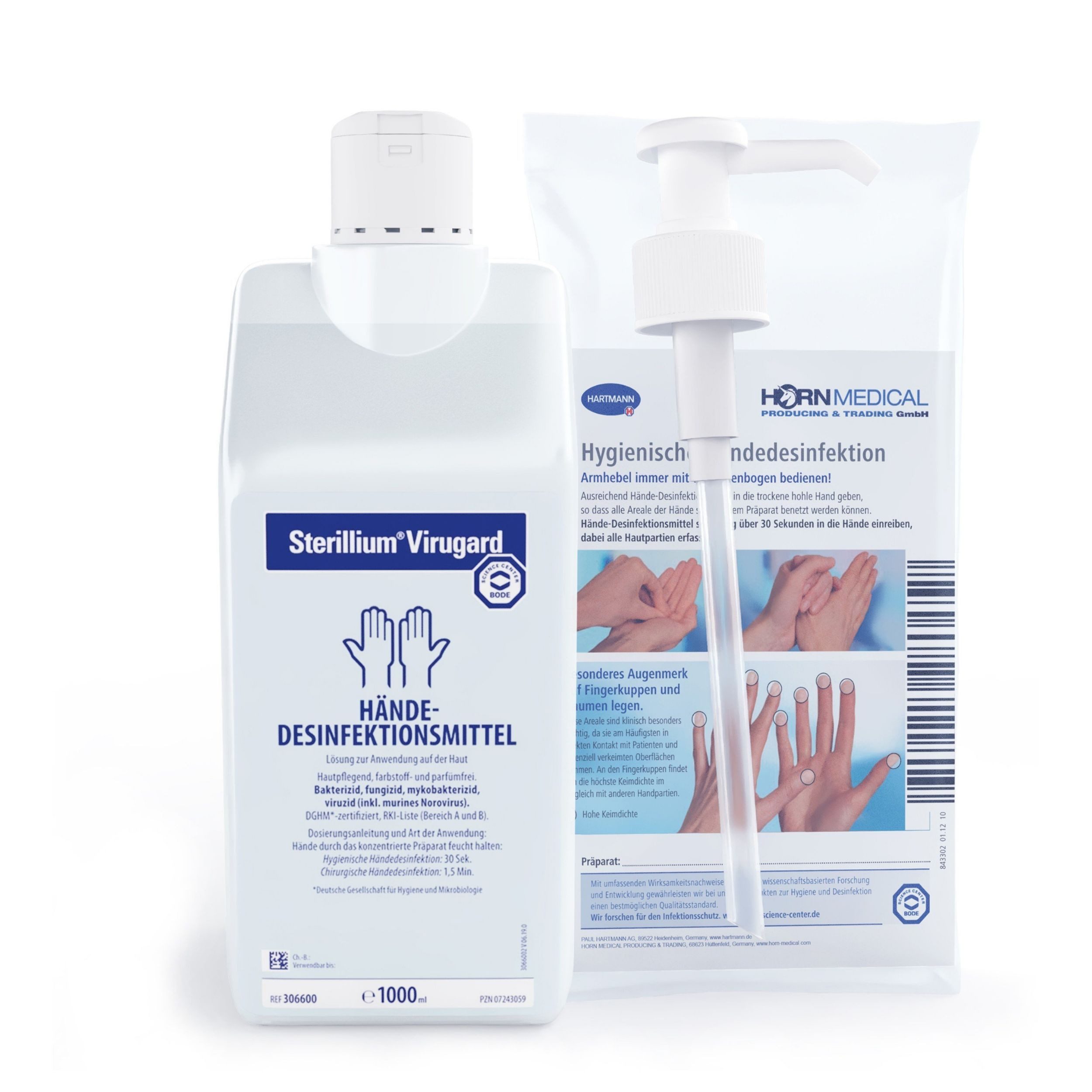 PAUL HARTMANN AG Horn Medical Dosierpumpe mit 1000ml Sterillium Virugard Hand-Desinfektionsmittel (farbstoff- & parfümfrei, [- Hochwirksame Desinfektionslösung wirkt sofort bis zu 6h geg. Hefepilze, Bakterien, Viren)