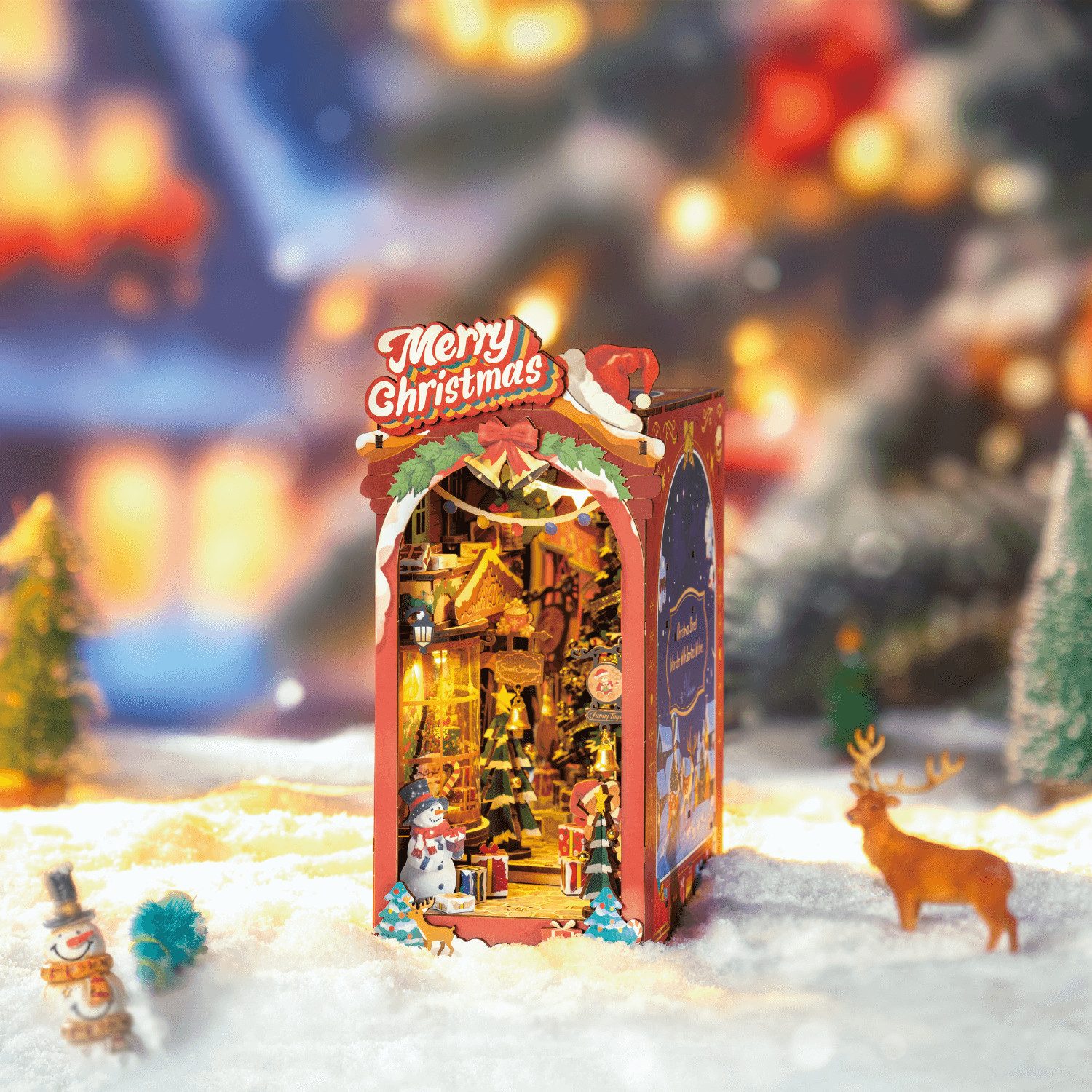 Robotime Buchstütze Weihnachtliche Straßenkulisse Diorama aus Holz, mit Beleuchtung
