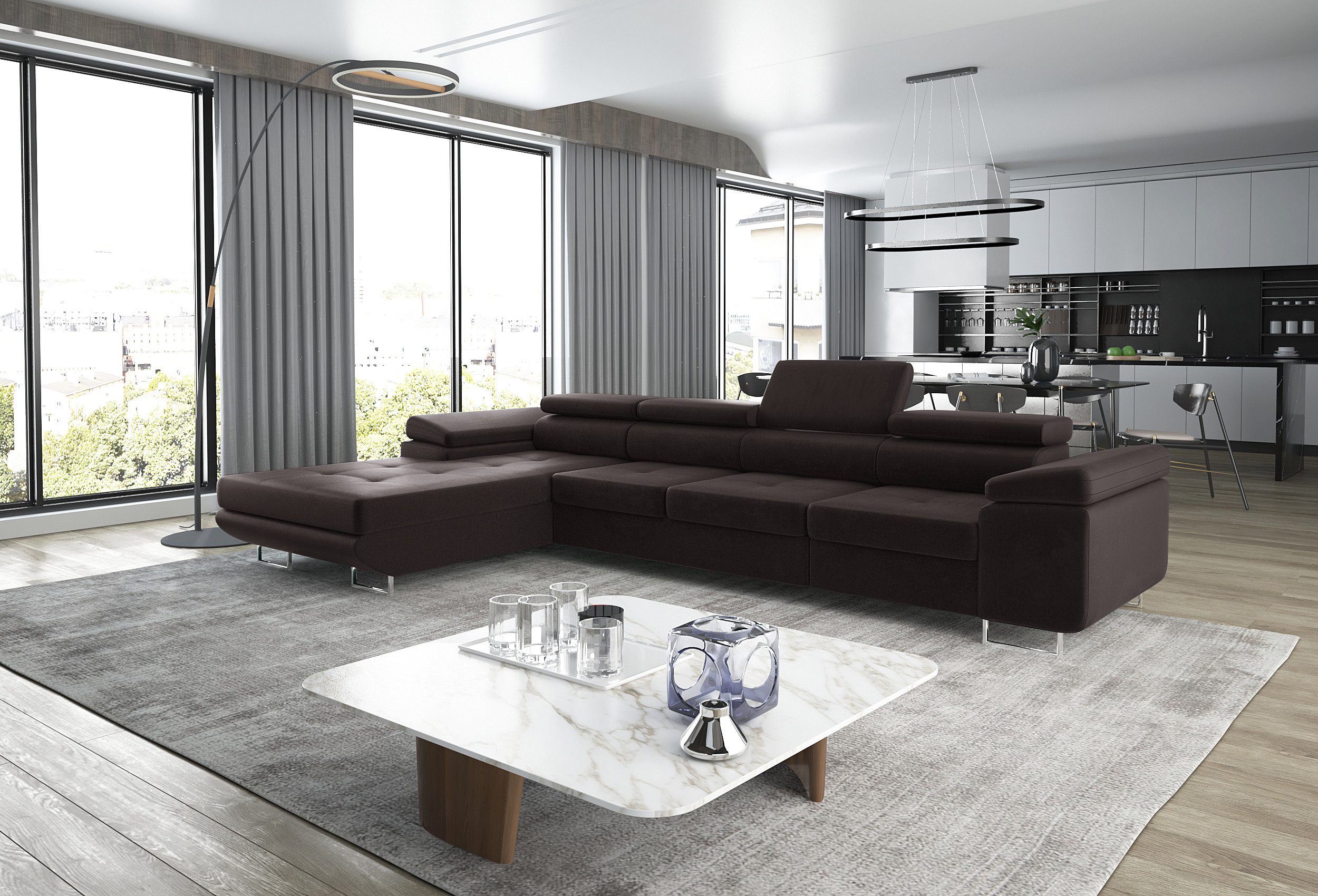 thematys Ecksofa ALVARO MAXI 355 x 204cm mit Schlaffunktion & Bettkasten –, L-Sofa mit 4 verstellbaren Kopfstützen, Samt (Monolotith), oder Cord (Poso) - L-Form, XL-Wohnlandschaft, 355 cm breit