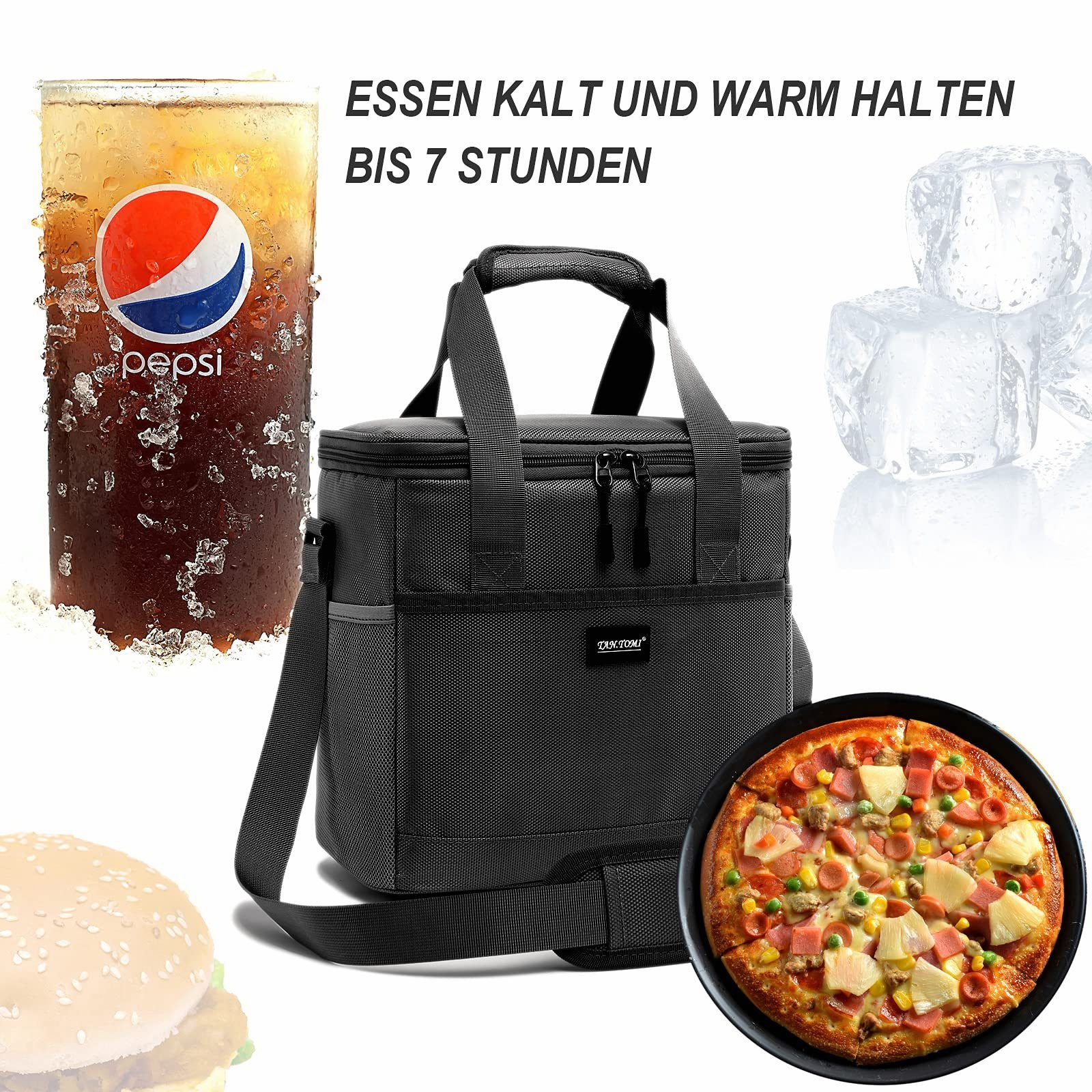 TAN.TOMI Reißverschluss Liter perfekt Picknickkorb 17.2 und Kühltasche faltbar, Lunchbag Isoliertasche Thermotasche, wasserdicht Schwarz mit Lunchtasche