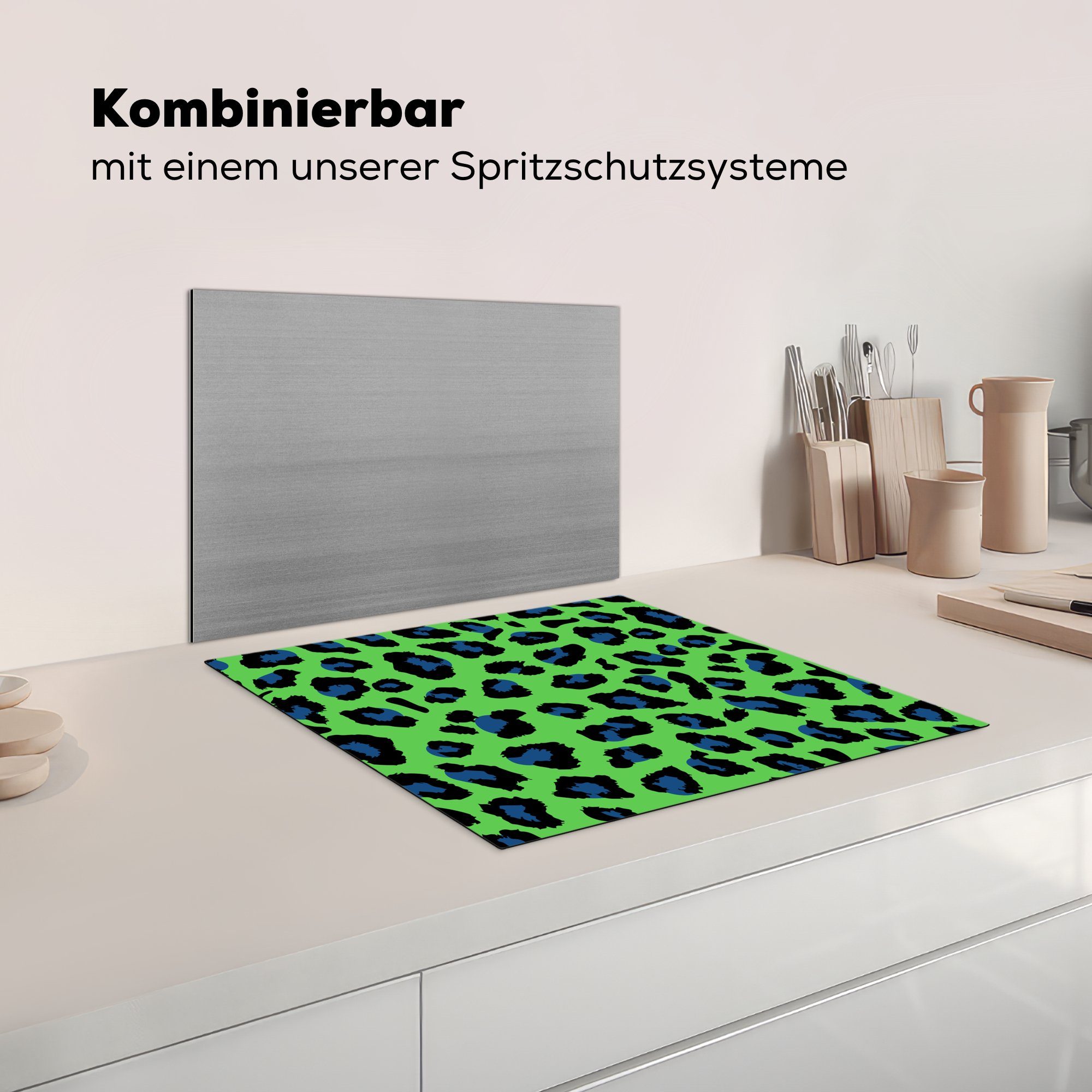 Grün Neon tlg), Induktionsherd, Küchen cm, für - - - Herdblende-/Abdeckplatte Vinyl, 58x51 Panther Dekoration Blau, Druck MuchoWow Induktionskochfeld (1