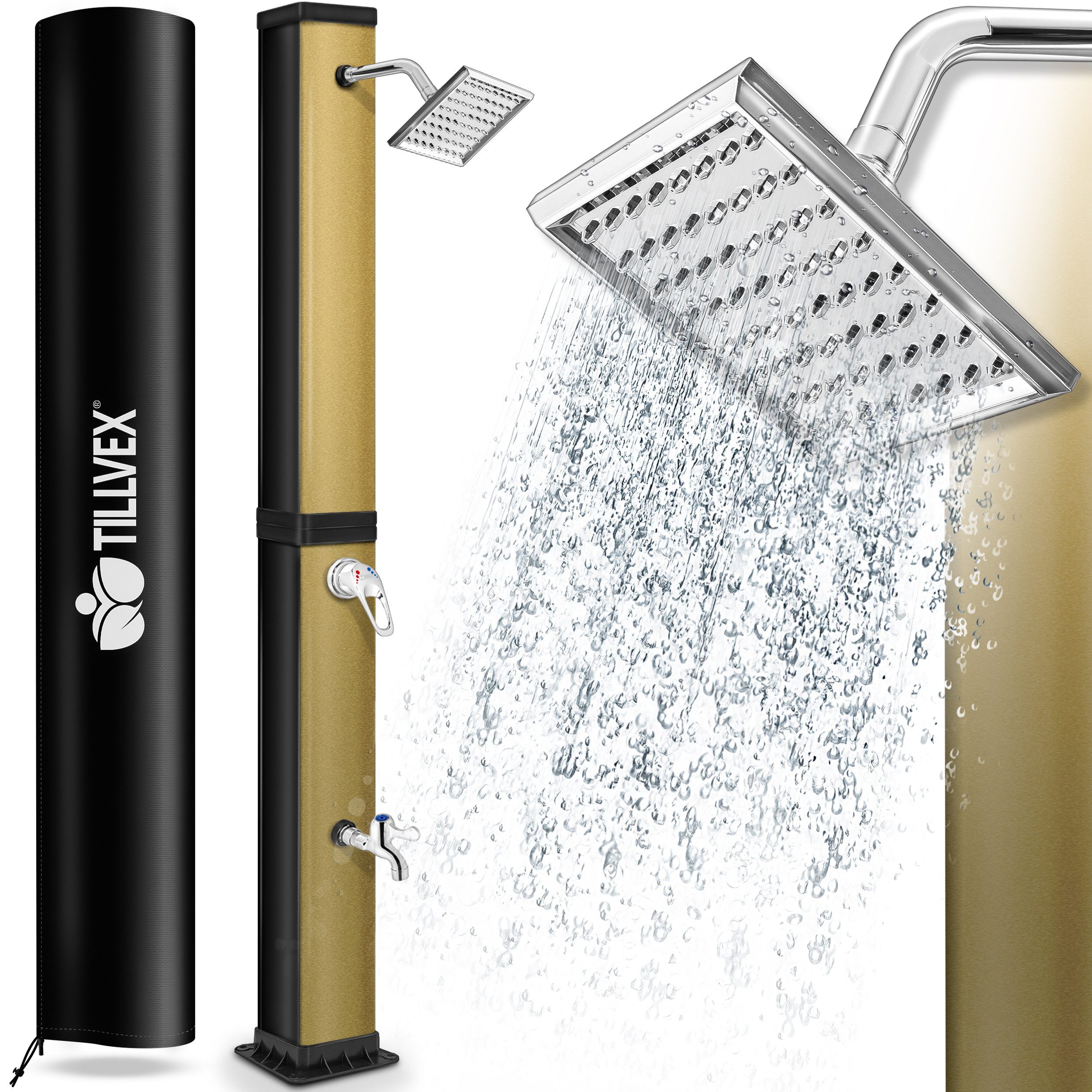 tillvex Solardusche 40 Liter inkl. Schutzhaube Solar Garten-dusche (mit Wasserhahn und Regenduschkopf Gartenschlauch-Anschluss), warmes Wasser Pooldusche Camping, ohne Stromanschluss