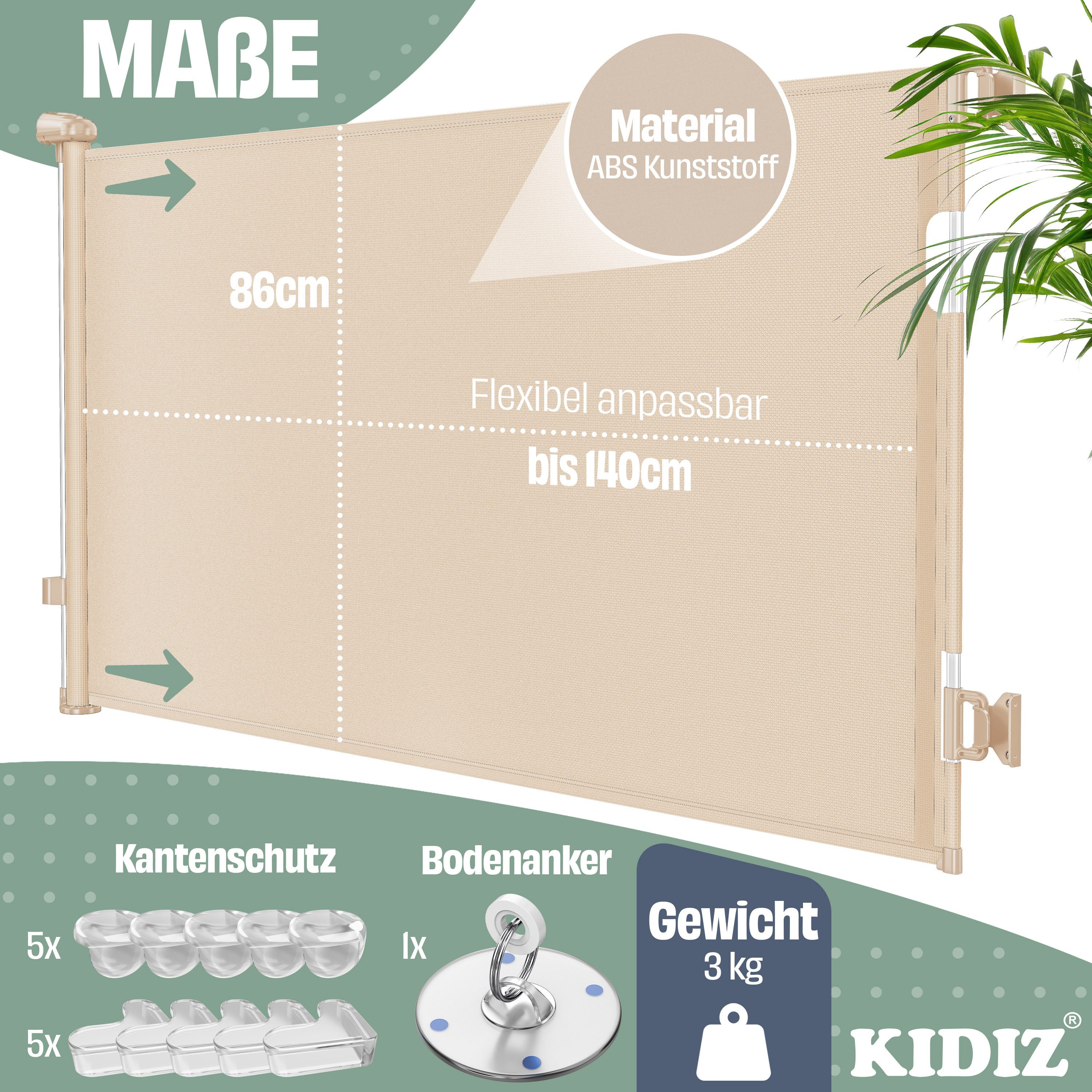 KIDIZ Türschutzgitter Treppenschutzgitter ausziehbar bis 140cm für Kinder, Babys & Haustiere (Schutzgitter für Treppen & Türen inkl. Bodenanker & Montagezubehör), Raumtrennung Absperrgitter kindersicheres Treppengitter