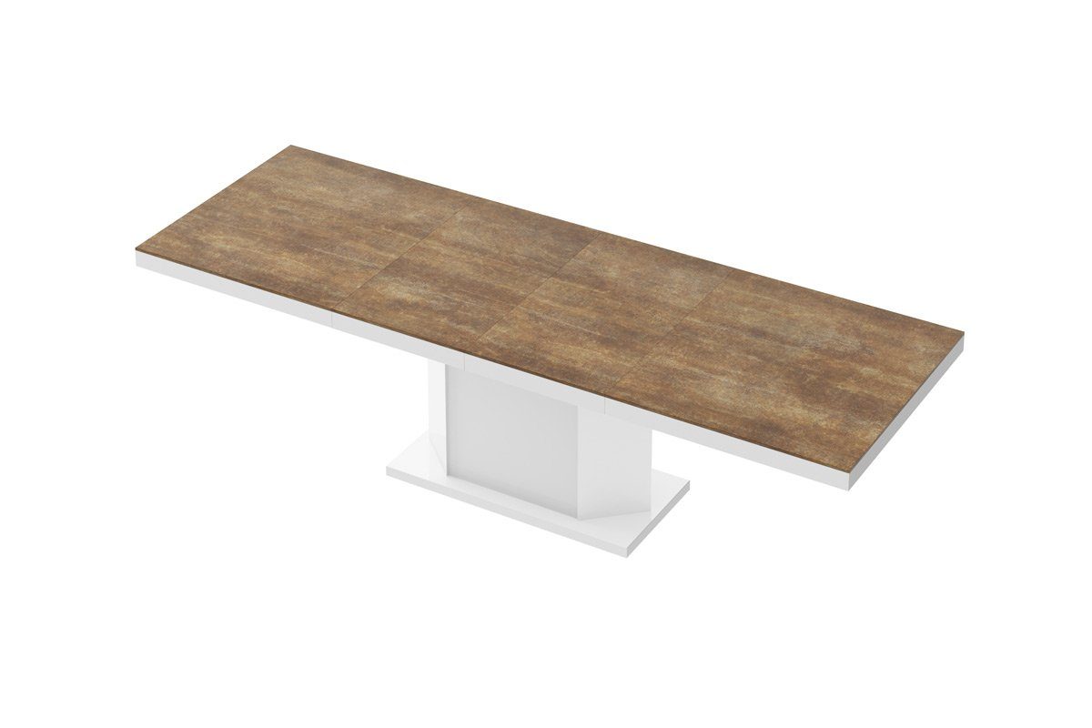 designimpex Esstisch Design Esstisch Tisch HE-333 Hochglanz Stauraum 160-256 cm ausziehbar Rostoptik matt - Weiß Hochglanz