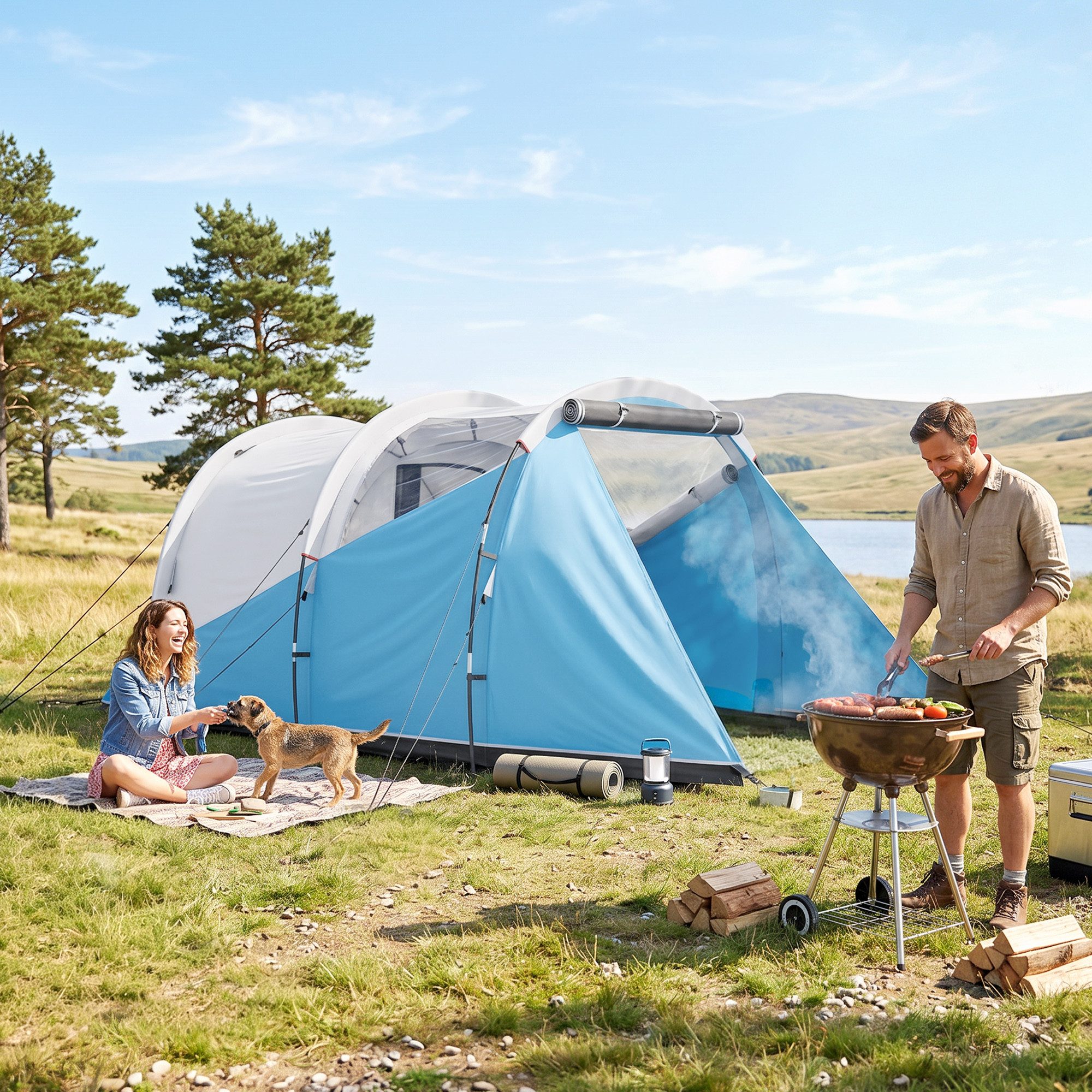 Outsunny Tunnelzelt Campingzelt, Familienzelt mit 2 Räume, Tragetasche, wasserabweisend, Personen: 3 (Campingzelt, 1 tlg., Familienzelt), für Garten, Campingplatz, Blau