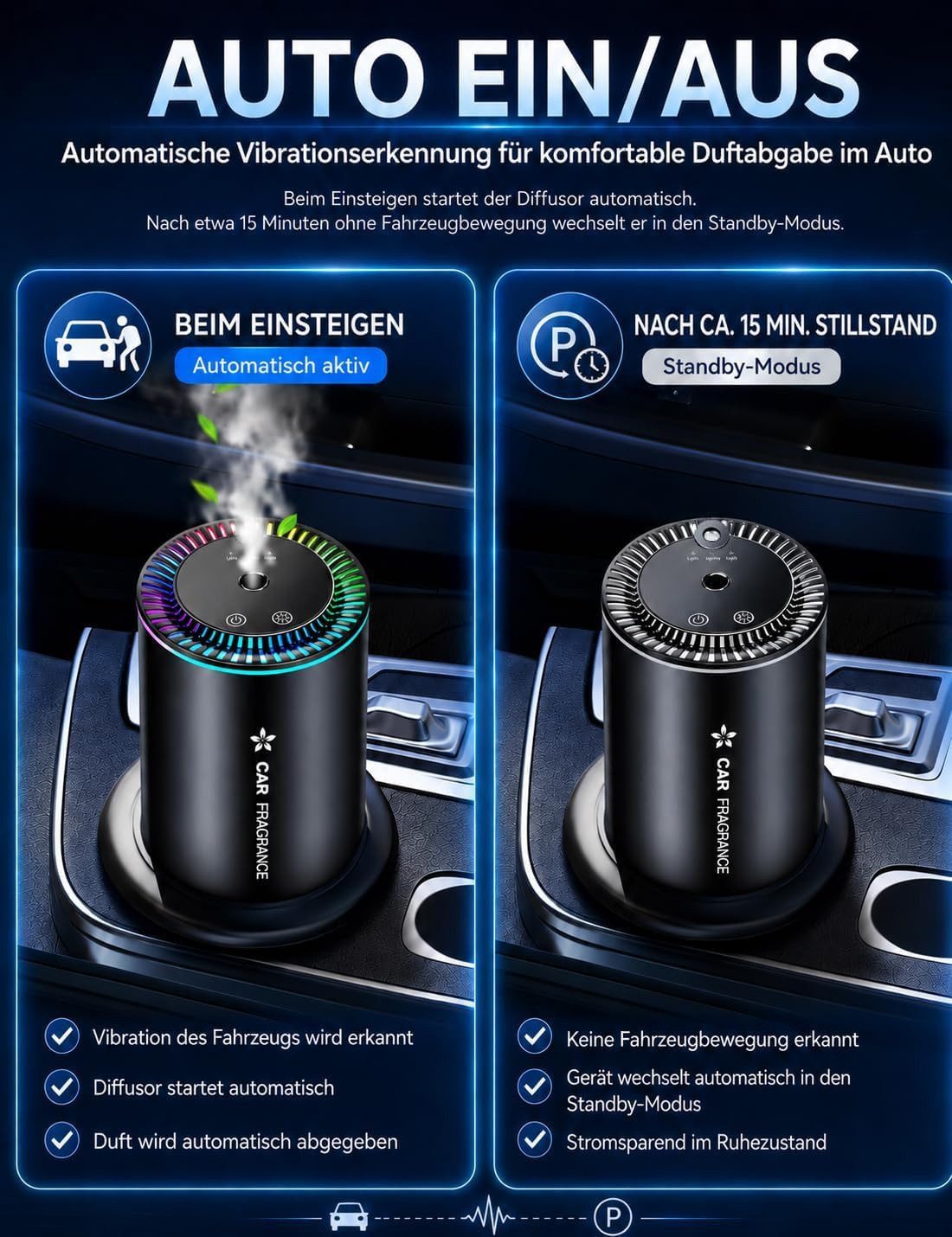 Fyrove Luftbefeuchter Auto Lufterfrischer Auto Elektrischer Duft Aroma Diffusor 3 Modi, Wasserloser Diffuser für ätherische Öle,Aroma Diffuser,Auto duft
