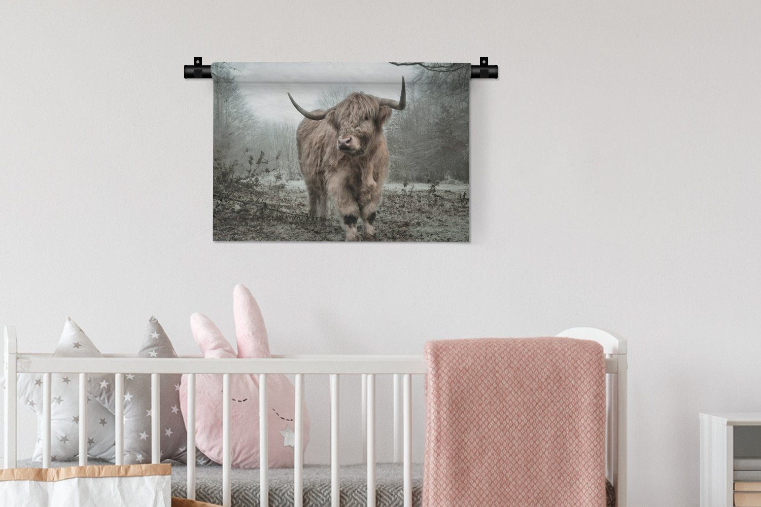 Schottische Kinderzimmer Herbst Schlafzimmer, Kleid, - Highlander - - Natur Wandbehang, Wohnzimmer, Wanddeko Wildtiere MuchoWow für - Wald, Wanddekoobjekt Tiere -