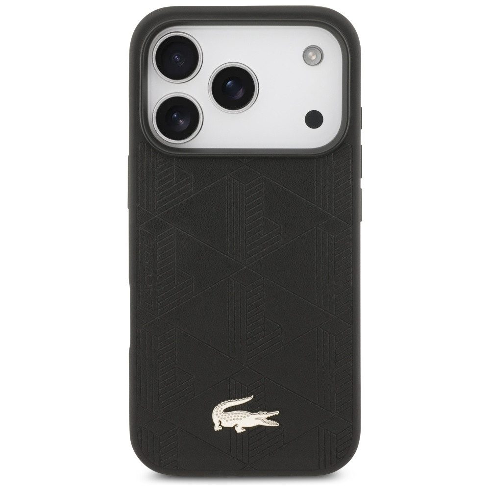 Lacoste Handyhülle iPhone 17 Pro Kunstleder schwarz Logo Krokodil goldfarbig. 6,3 Zoll, Kantenschutz