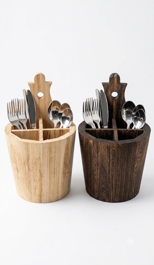 Sendez Besteckkorb Besteckbehälter mit drei Kammern Besteckfass Besteckkasten, Holz