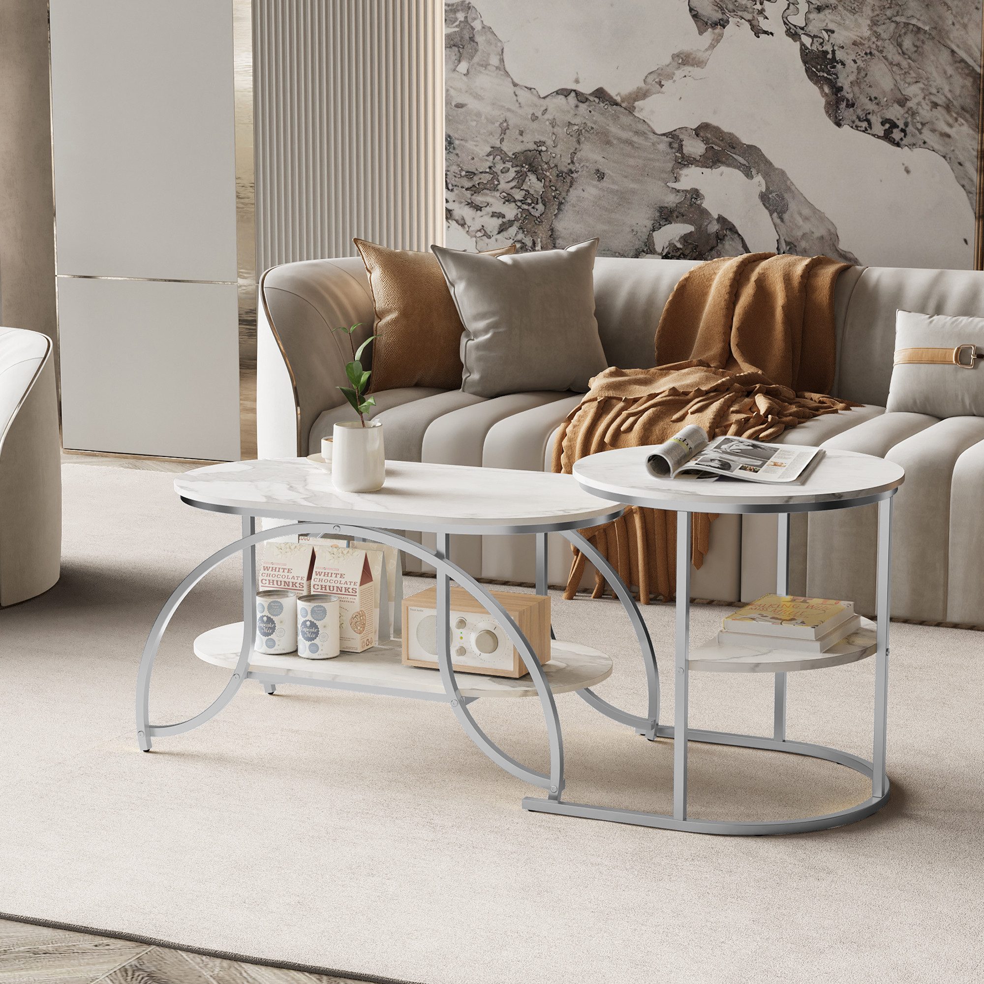 PXloue Couchtisch rund Beistelltisch Satztische 2er Set, 2 in 1 Mit Marmormuster Tischplatte, 80 x 46 x 45 cm/52 x 51 cm