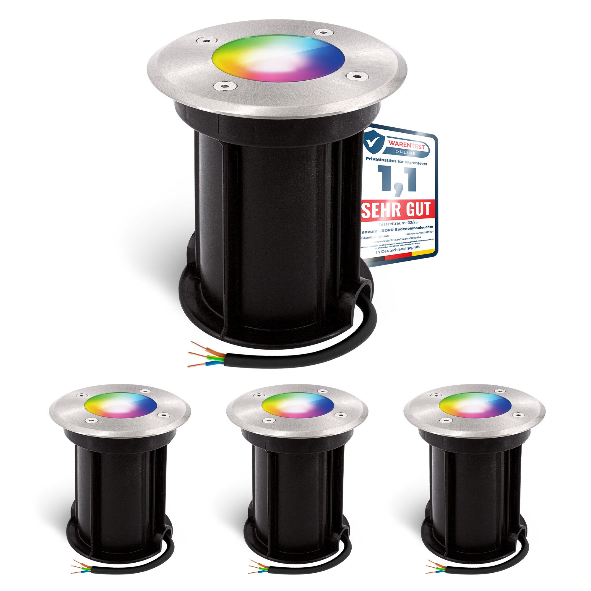 linovum Smarte LED-Leuchte 4er Set LED Bodenstrahler BORU rund & gebuerstet Smart GU10 dimmbar, RGB