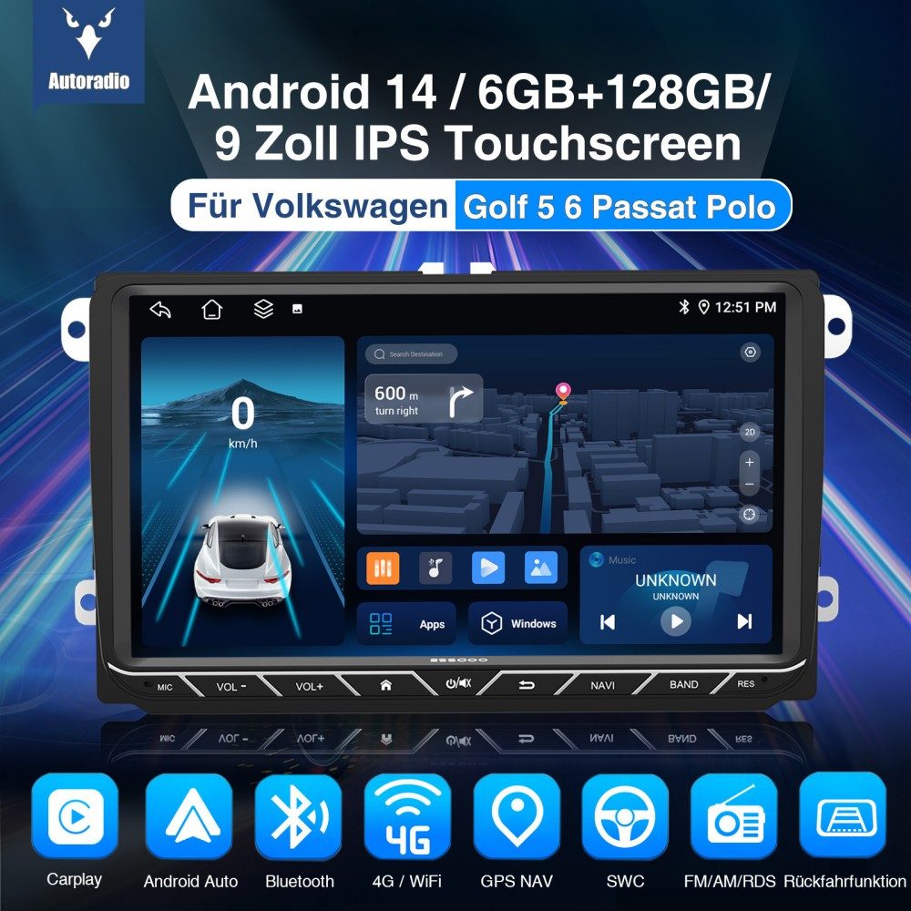 ESSGOO DAB+ Android14 6+128G Carplay GPS 4G Für VW GOLF 5 6 Touran Caddy Polo Autoradio (DAB+ (optional), 6GB+128GB, 4G LTE, RDS, AM, FM, Carplay Android Auto Bluetooth EQ USB GPS Navi WIFI Touchscreen)