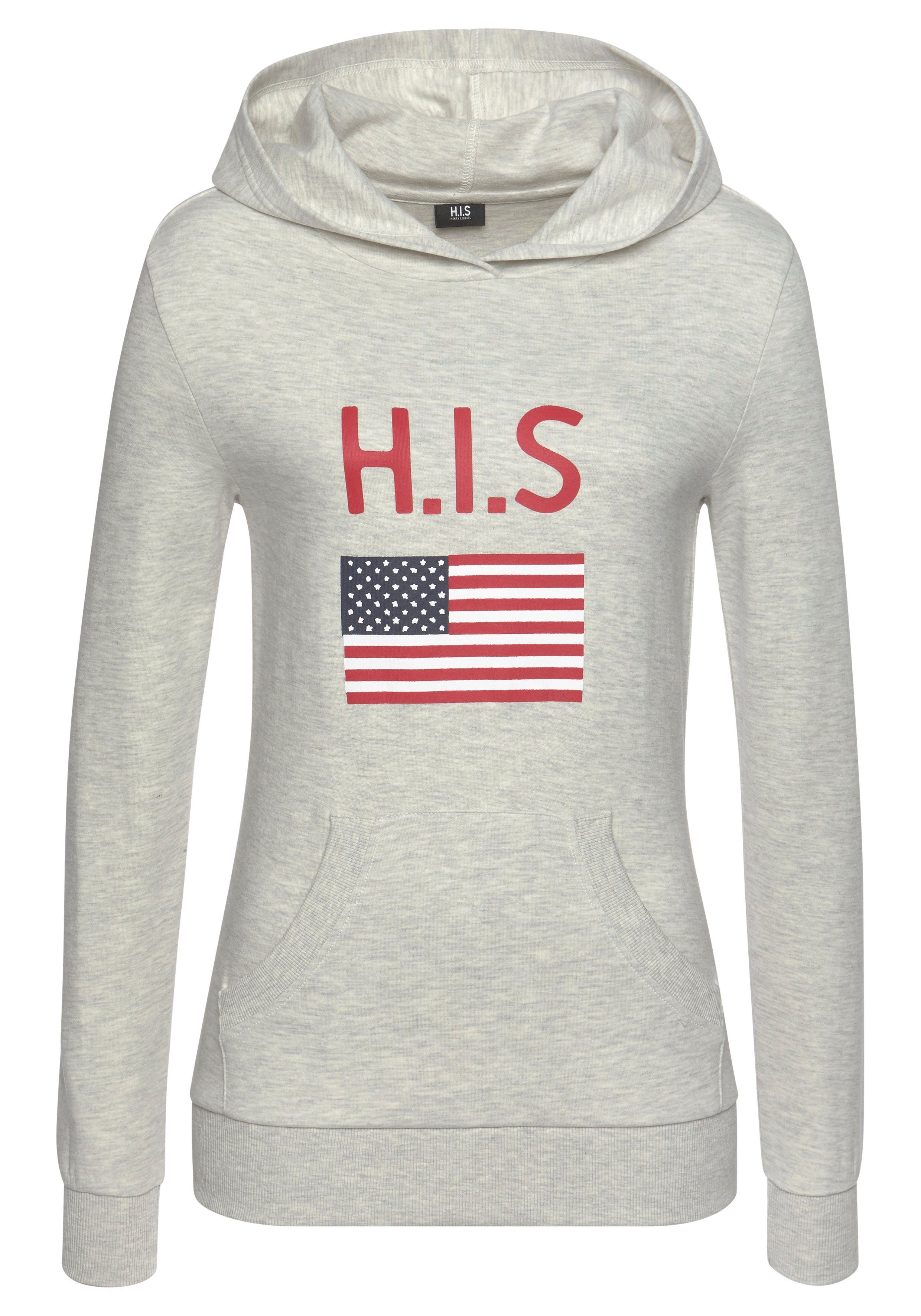 Kapuzensweatshirt H.I.S Logodruck Hoodie und Kängurutasche, Loungeanzug, grau-meliert mit