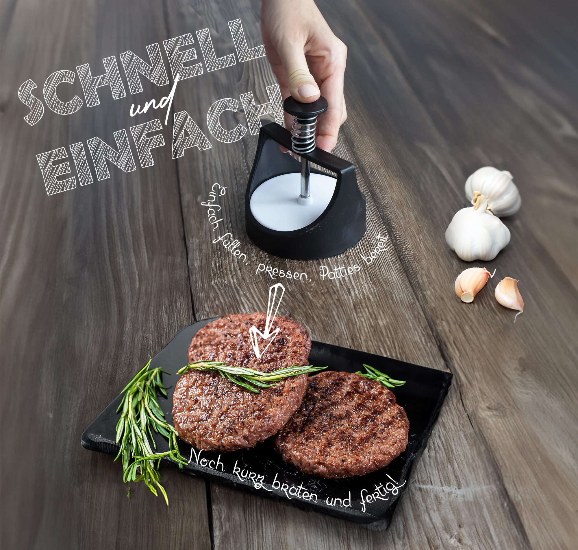 KVOTA Burgerpresse Patties-Former Hamburger Patty Maker Burger Veggie 10x14,5 cm (1 St), Kunststoff, Edelstahl, einfach, leicht, bequem